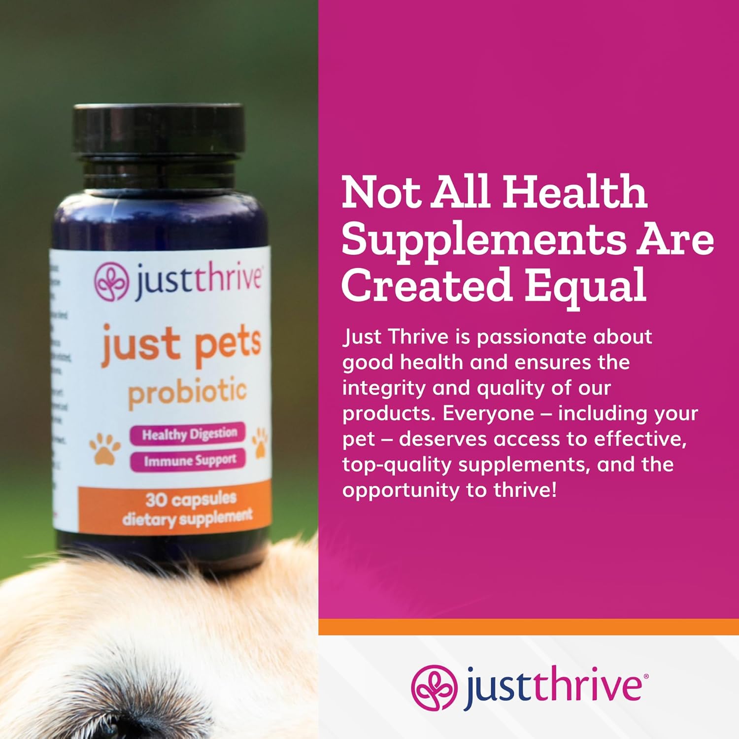 Just Thrive Just Pets Probiotic - 4 Billion CFUs Daily Digestive Probiotics for Dogs and Cats - 30 Capsules