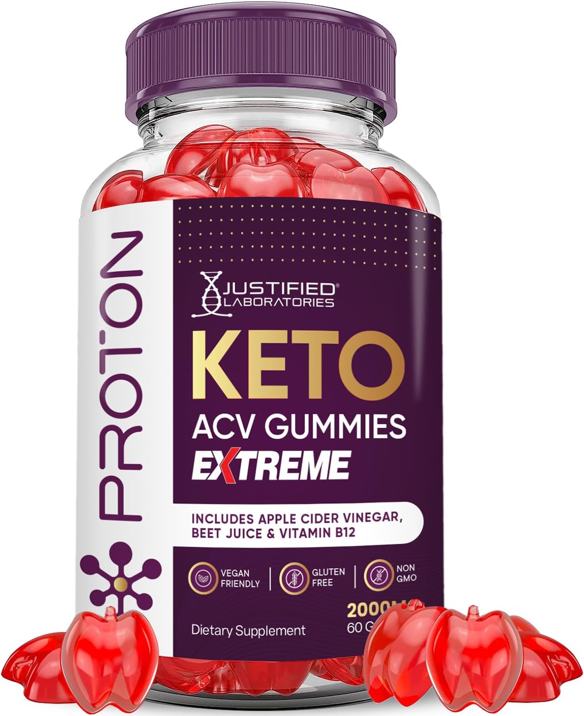 Justified Laboratories Proton Keto Gummies with Apple Cider Vinegar and Pomegranate Beet Juice Powder - 2000MG Vegan Gummy Supplement