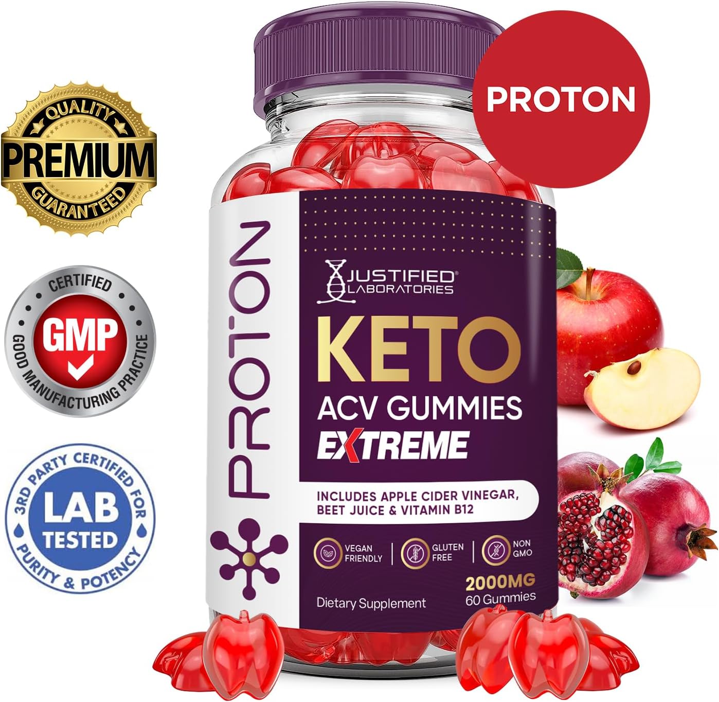 Justified Laboratories Proton Keto Gummies with Apple Cider Vinegar and Pomegranate Beet Juice Powder - 2000MG Vegan Gummy Supplement