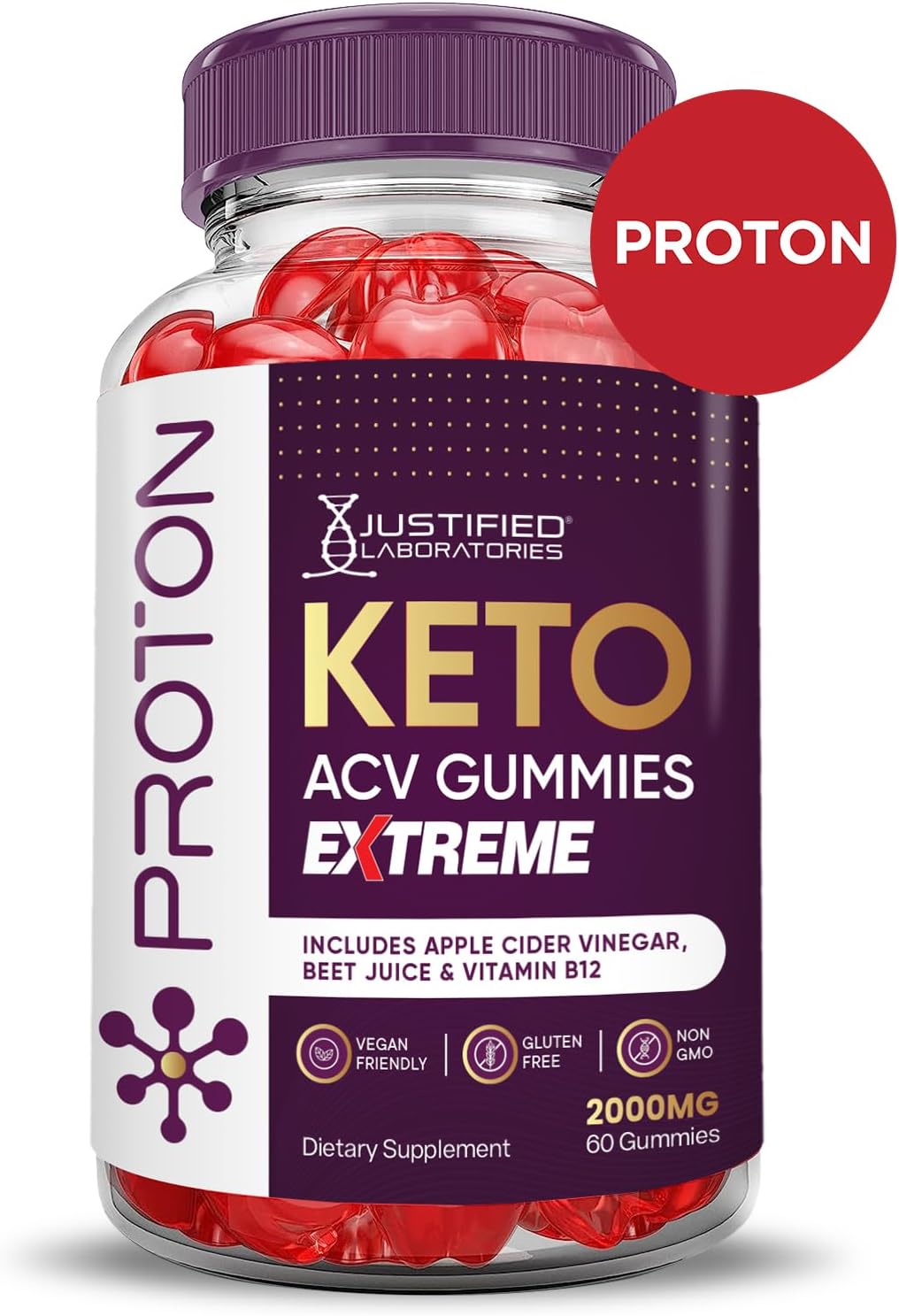 Justified Laboratories Proton Keto Gummies with Apple Cider Vinegar and Pomegranate Beet Juice Powder - 2000MG Vegan Gummy Supplement