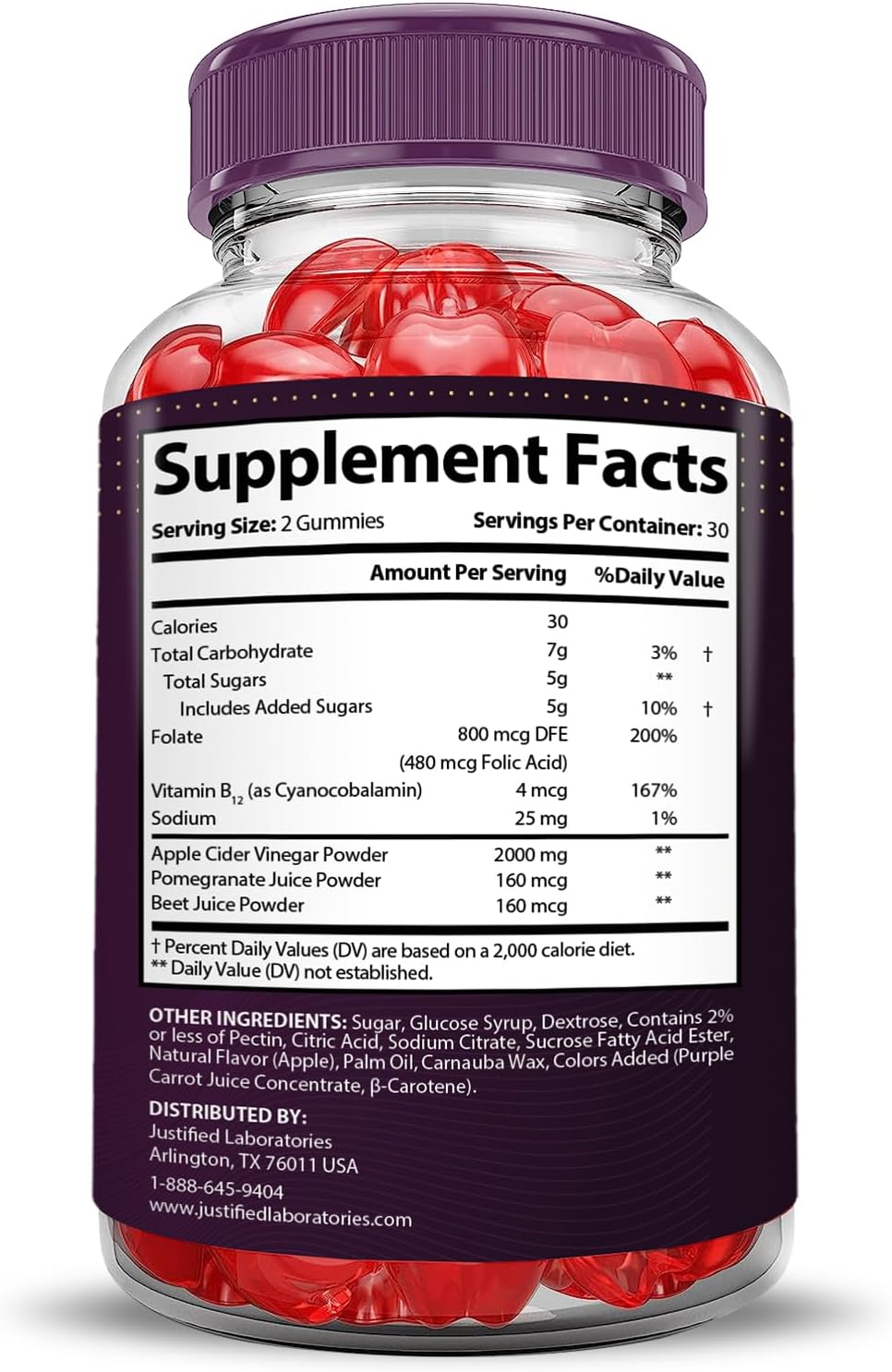 Justified Laboratories Proton Keto Gummies with Apple Cider Vinegar and Pomegranate Beet Juice Powder - 2000MG Vegan Gummy Supplement