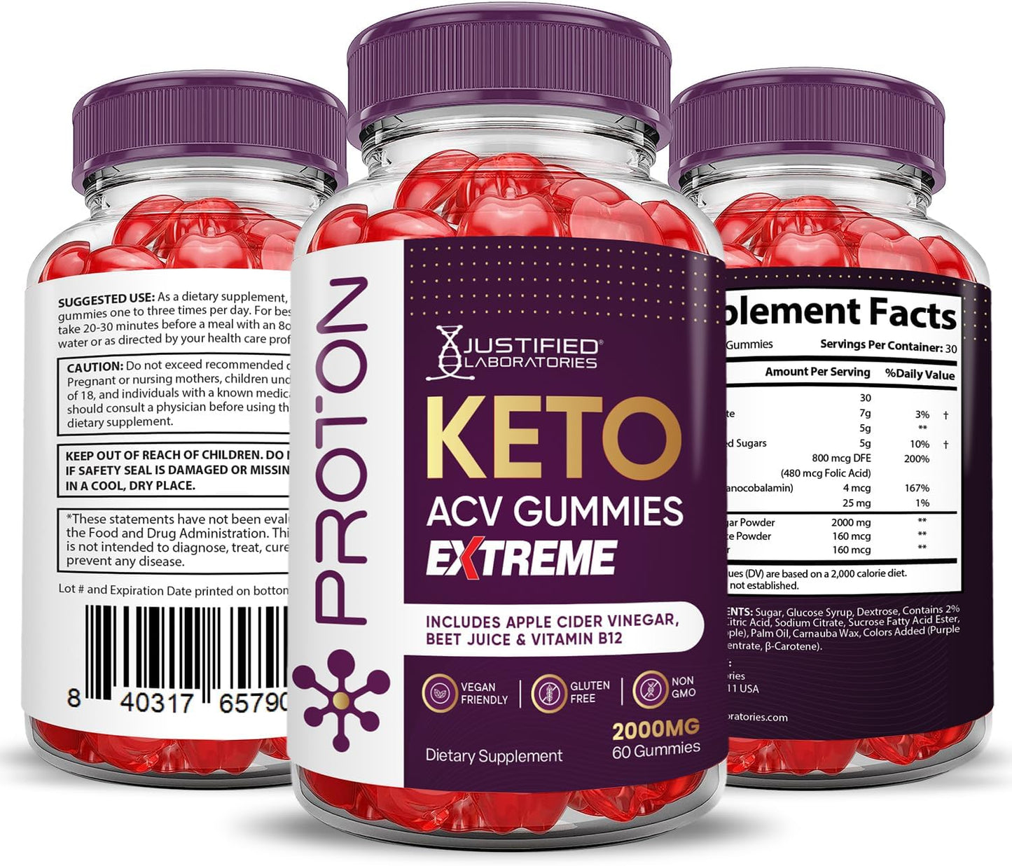 Justified Laboratories Proton Keto Gummies with Apple Cider Vinegar and Pomegranate Beet Juice Powder - 2000MG Vegan Gummy Supplement