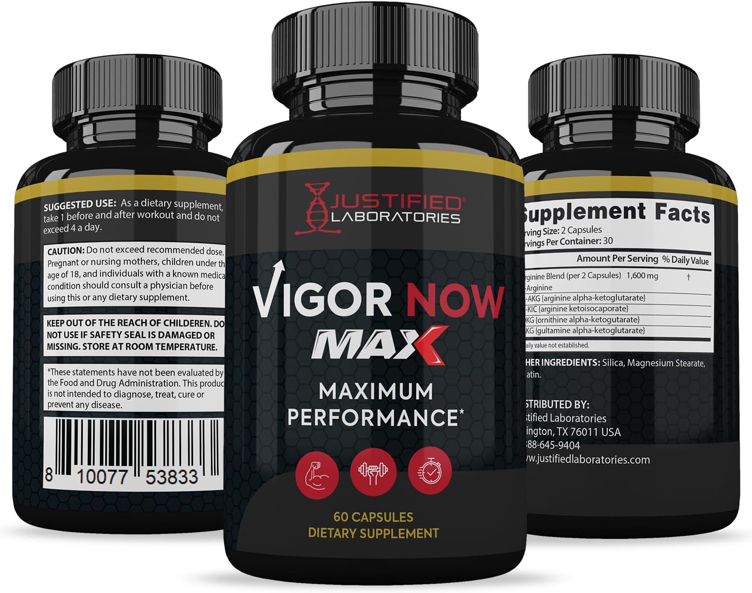 Justified Laboratories Vigor Now Max 1600MG Men's Health Formula - 60 Capsules for Enhanced Vitality and Wellness