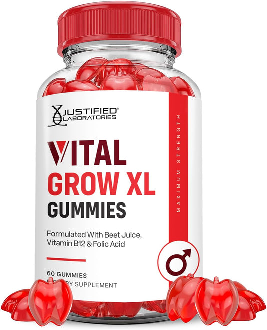 Justified Laboratories Vital Grow XL Performance Gummies 1000MG with ACV, Pomegranate, B12 - 60 Gummys, Vegan & Non GMO