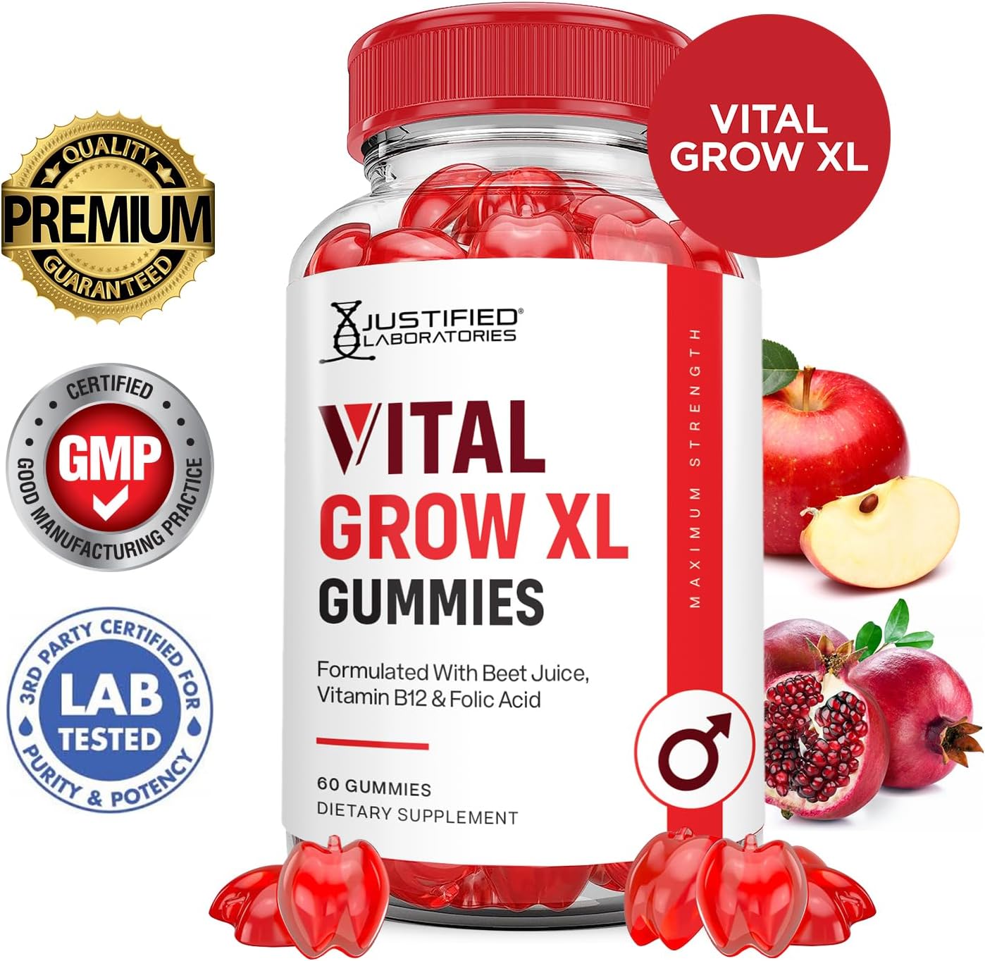 Justified Laboratories Vital Grow XL Performance Gummies 1000MG with ACV, Pomegranate, B12 - 60 Gummys, Vegan & Non GMO