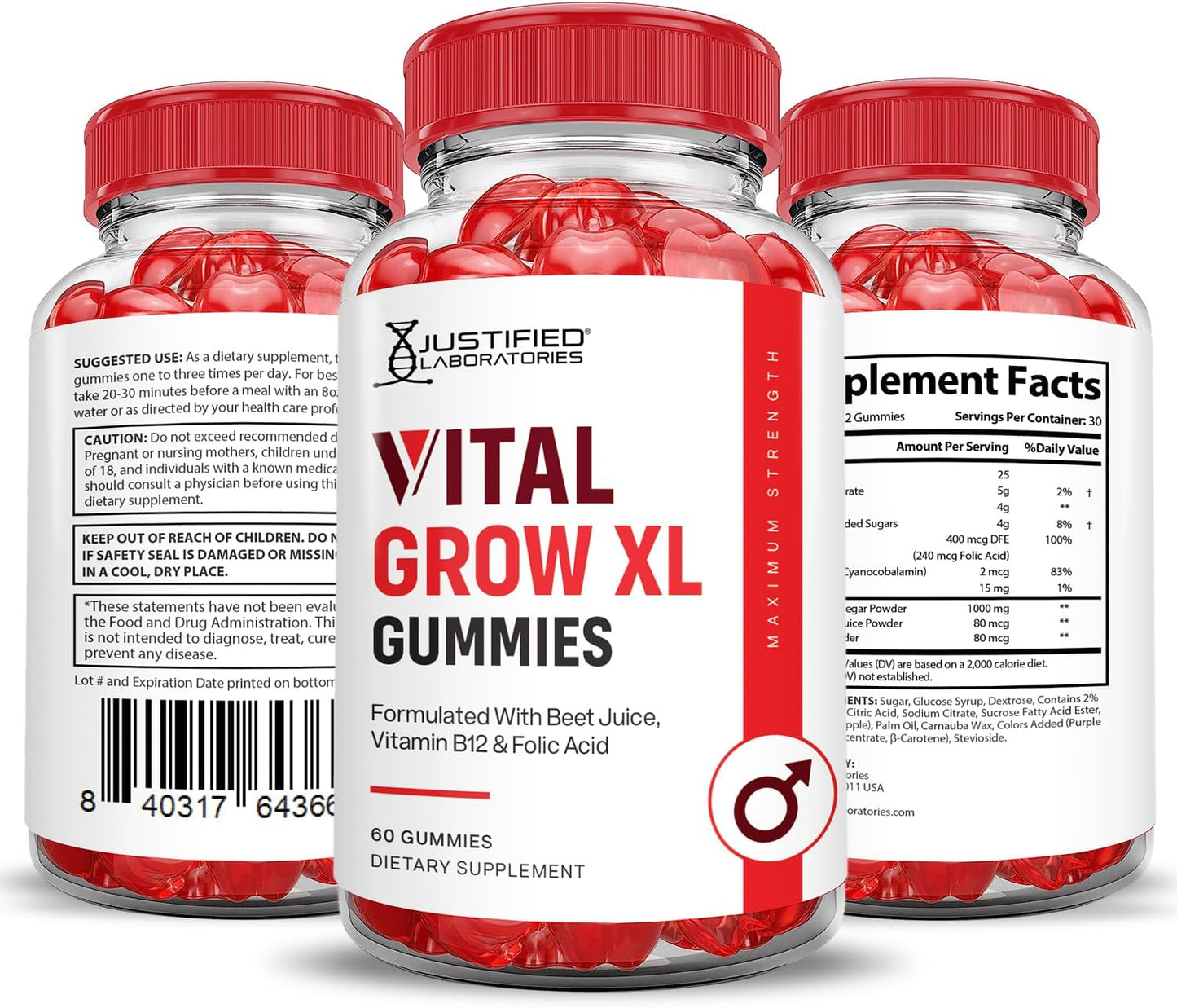 Justified Laboratories Vital Grow XL Performance Gummies 1000MG with ACV, Pomegranate, B12 - 60 Gummys, Vegan & Non GMO