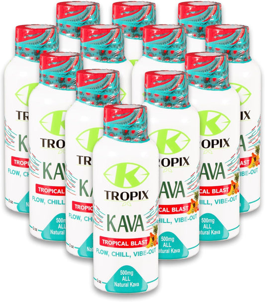 K-Tropix Kava Shot Tropical Blast - 500mg Wellness Shots for Relaxation & Stress Relief - Kava Drink - 12 Pack