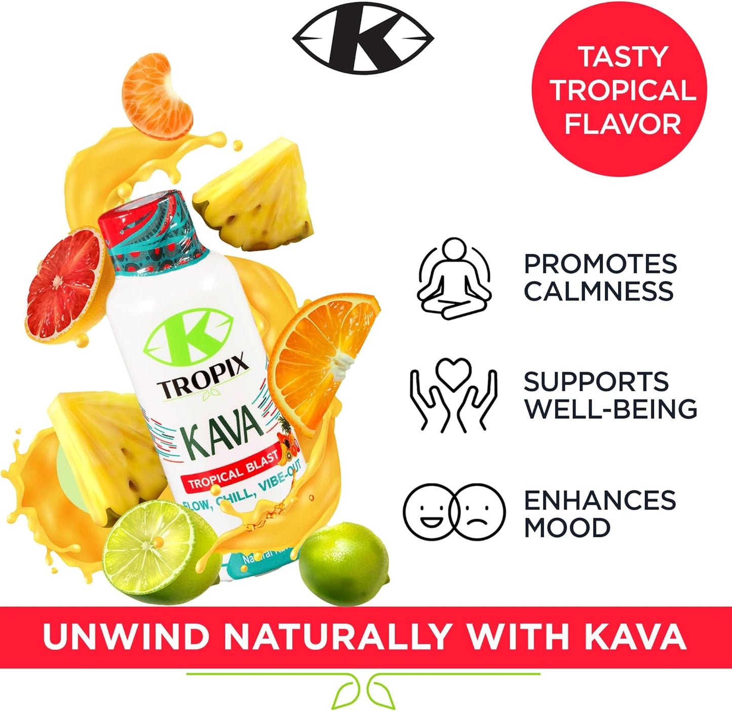 K-Tropix Kava Shot Tropical Blast - 500mg Wellness Shots for Relaxation & Stress Relief - Kava Drink - 12 Pack