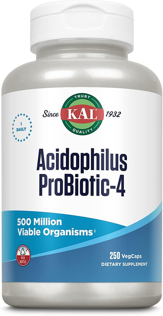 KAL Acidophilus ProBiotic-4 with Four Probiotic Strains, 500 Million CFUs, Freeze Dried VegCaps - Probiotics for Women and Men