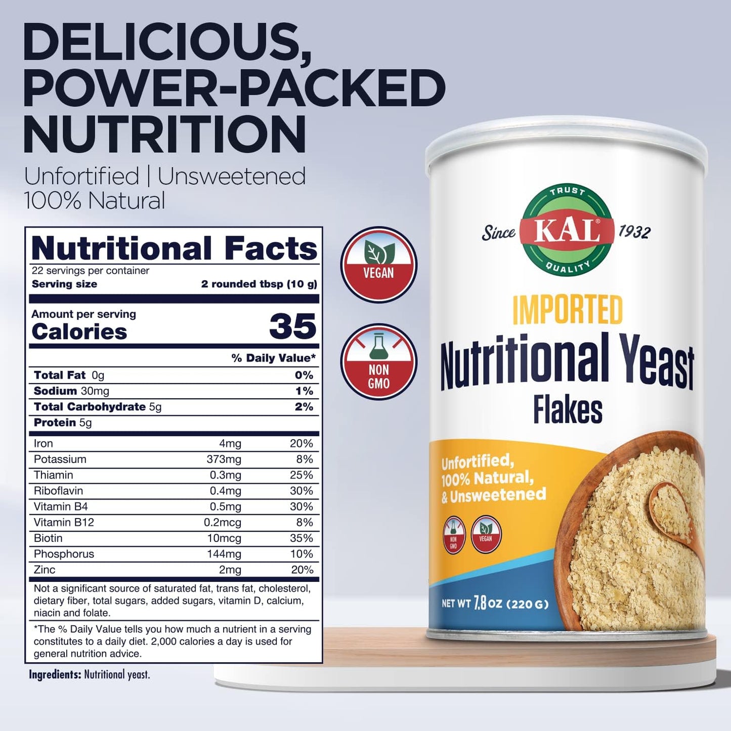 KAL Imported Nutritional Yeast Flakes, Unfortified & Unsweetened, 100% Natural Source of Amino Acids & B Vitamins, Non-GMO & Vegan, 7.8oz