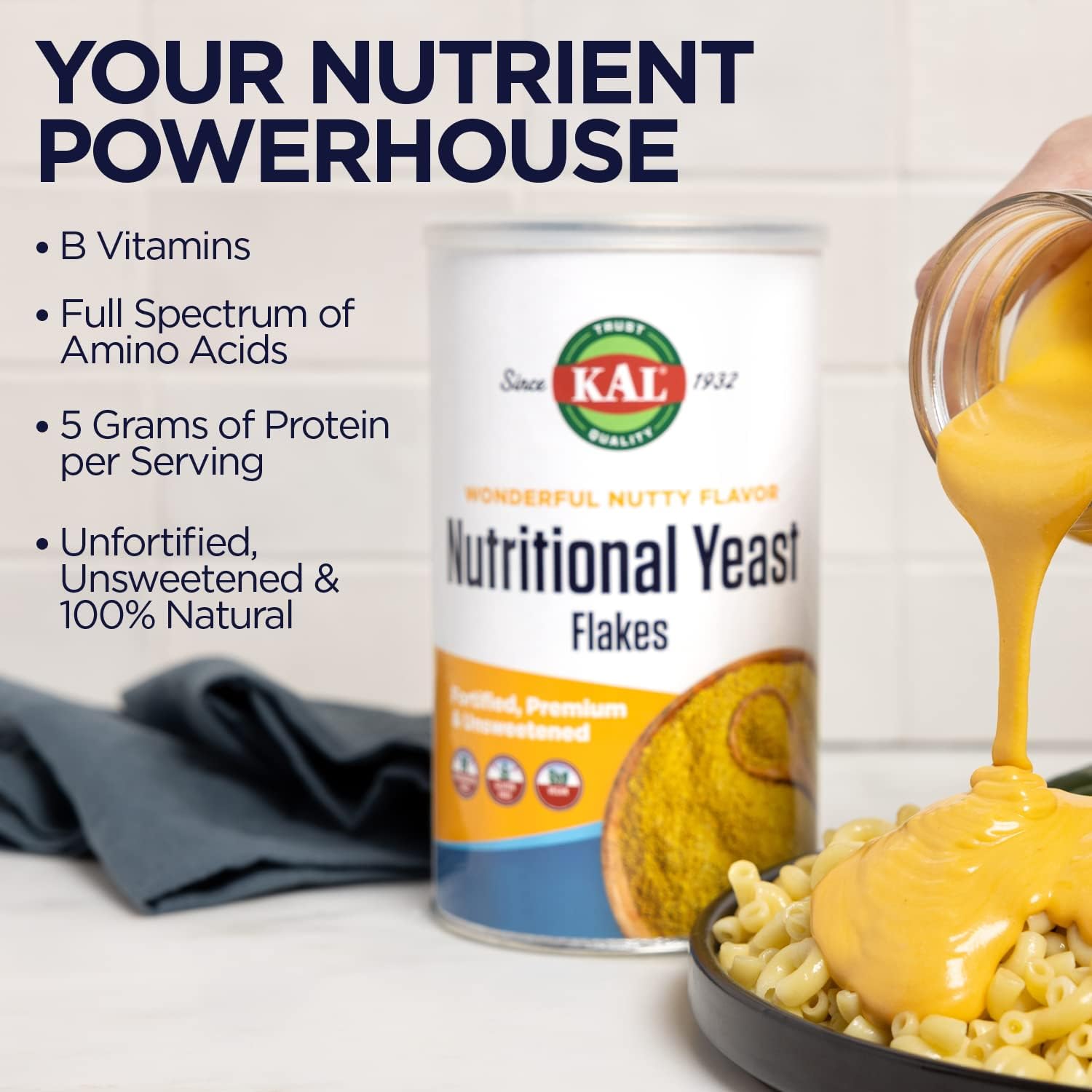 KAL Imported Nutritional Yeast Flakes, Unfortified & Unsweetened, 100% Natural Source of Amino Acids & B Vitamins, Non-GMO & Vegan, 7.8oz