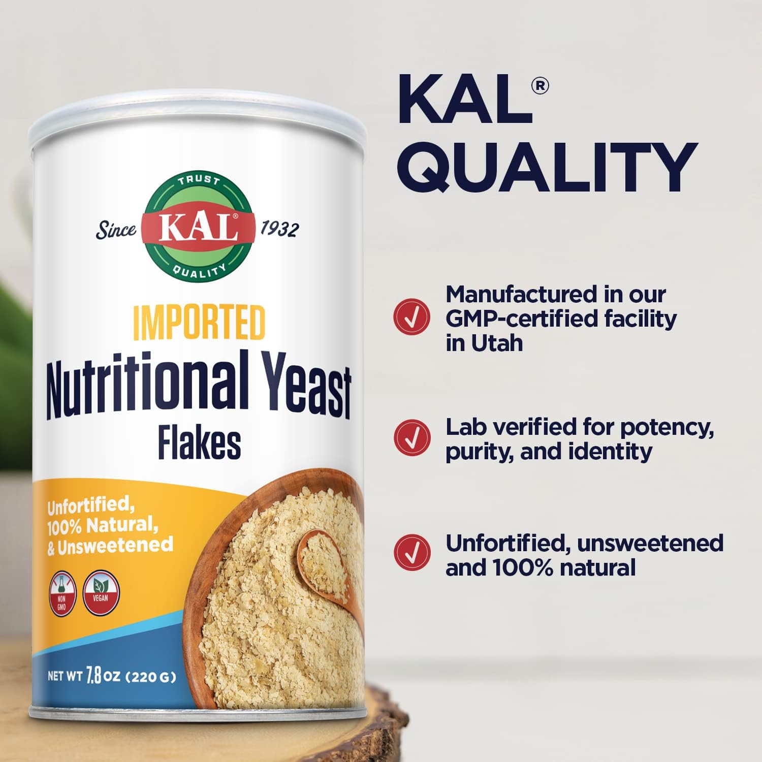 KAL Imported Nutritional Yeast Flakes, Unfortified & Unsweetened, 100% Natural Source of Amino Acids & B Vitamins, Non-GMO & Vegan, 7.8oz