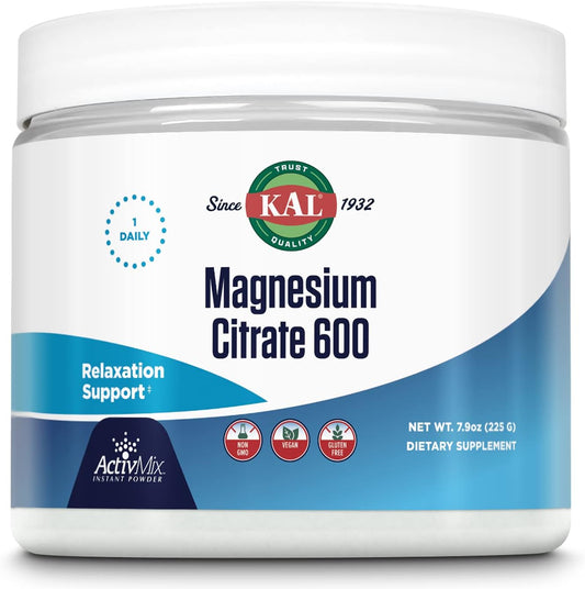 KAL Magnesium Citrate 600mg ActivMix Instant Powder - Muscle Function & Relaxation Support - Vegan, Non-GMO, Gluten Free - 60 Servings, 7.9oz
