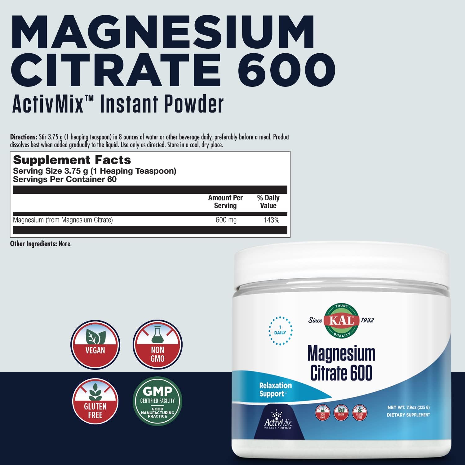 KAL Magnesium Citrate 600mg ActivMix Instant Powder - Muscle Function & Relaxation Support - Vegan, Non-GMO, Gluten Free - 60 Servings, 7.9oz