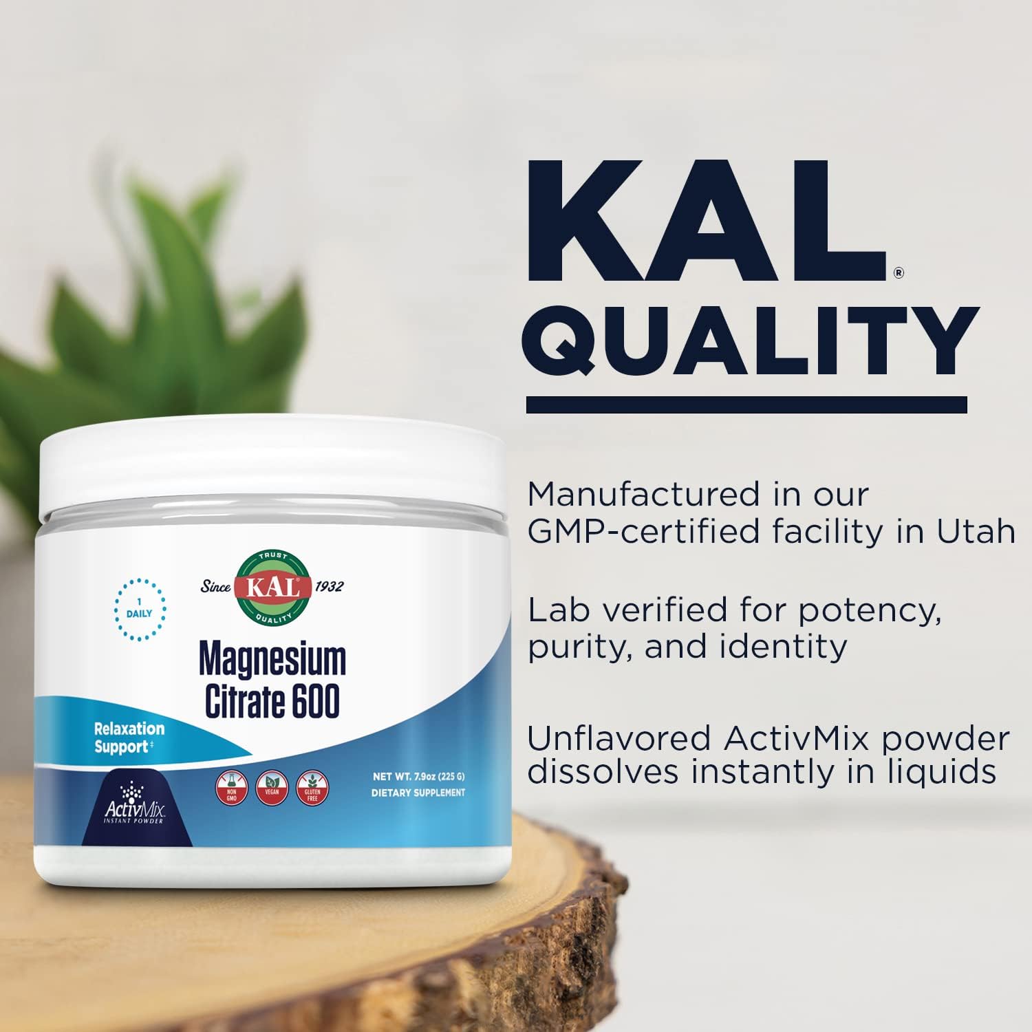 KAL Magnesium Citrate 600mg ActivMix Instant Powder - Muscle Function & Relaxation Support - Vegan, Non-GMO, Gluten Free - 60 Servings, 7.9oz