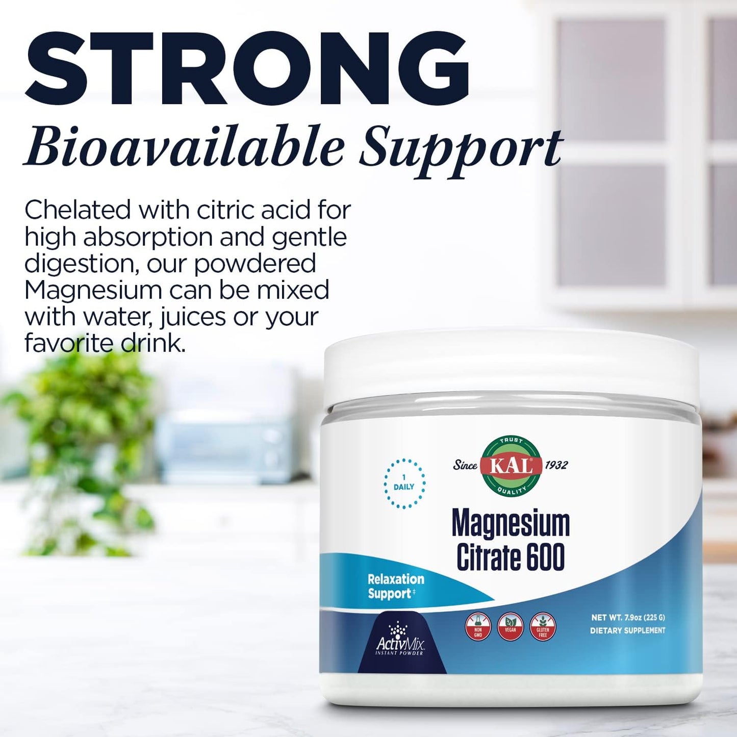 KAL Magnesium Citrate 600mg ActivMix Instant Powder - Muscle Function & Relaxation Support - Vegan, Non-GMO, Gluten Free - 60 Servings, 7.9oz