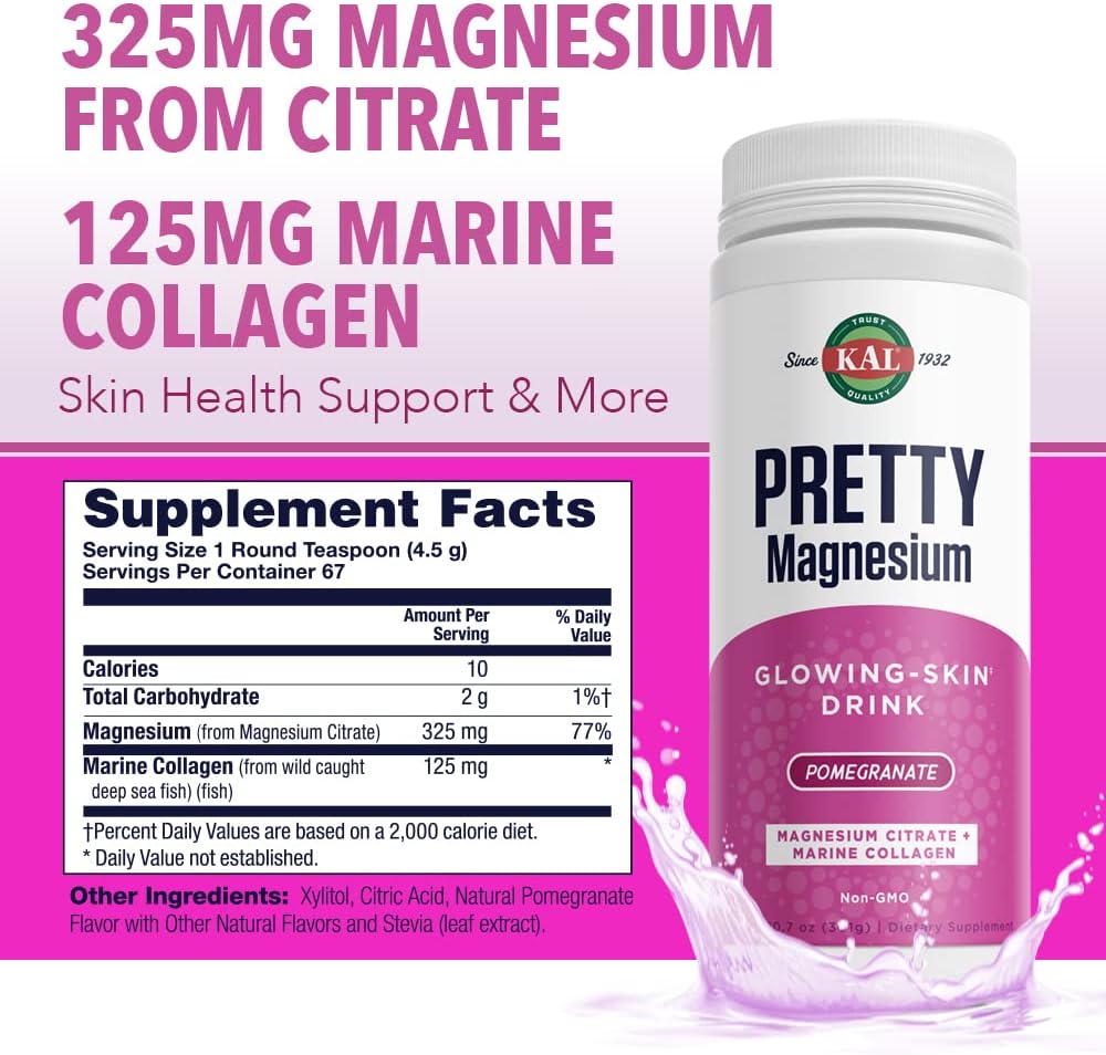 KAL Pretty Magnesium Drink with Marine Collagen for Glowing Skin | 325mg Mag Citrate | Cellular & Skin Health | 10.7oz, 70 Servings