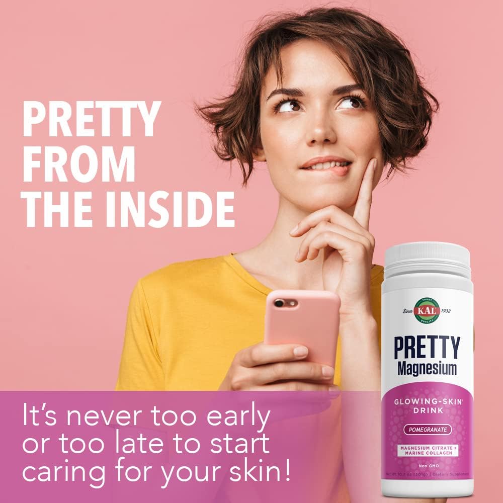 KAL Pretty Magnesium Drink with Marine Collagen for Glowing Skin | 325mg Mag Citrate | Cellular & Skin Health | 10.7oz, 70 Servings