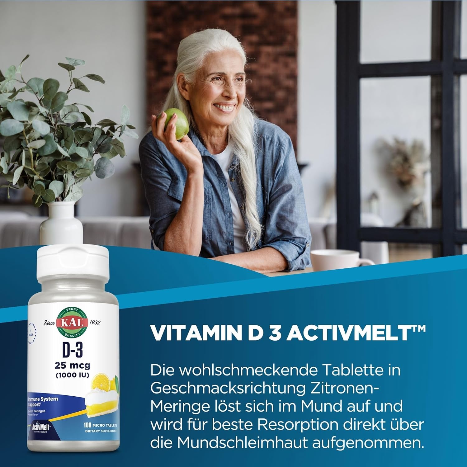 KAL Vitamin D-3 1000 IU ActivMelt Tablets - Natural Lemon Flavor for Immune & Bone Health - 100ct