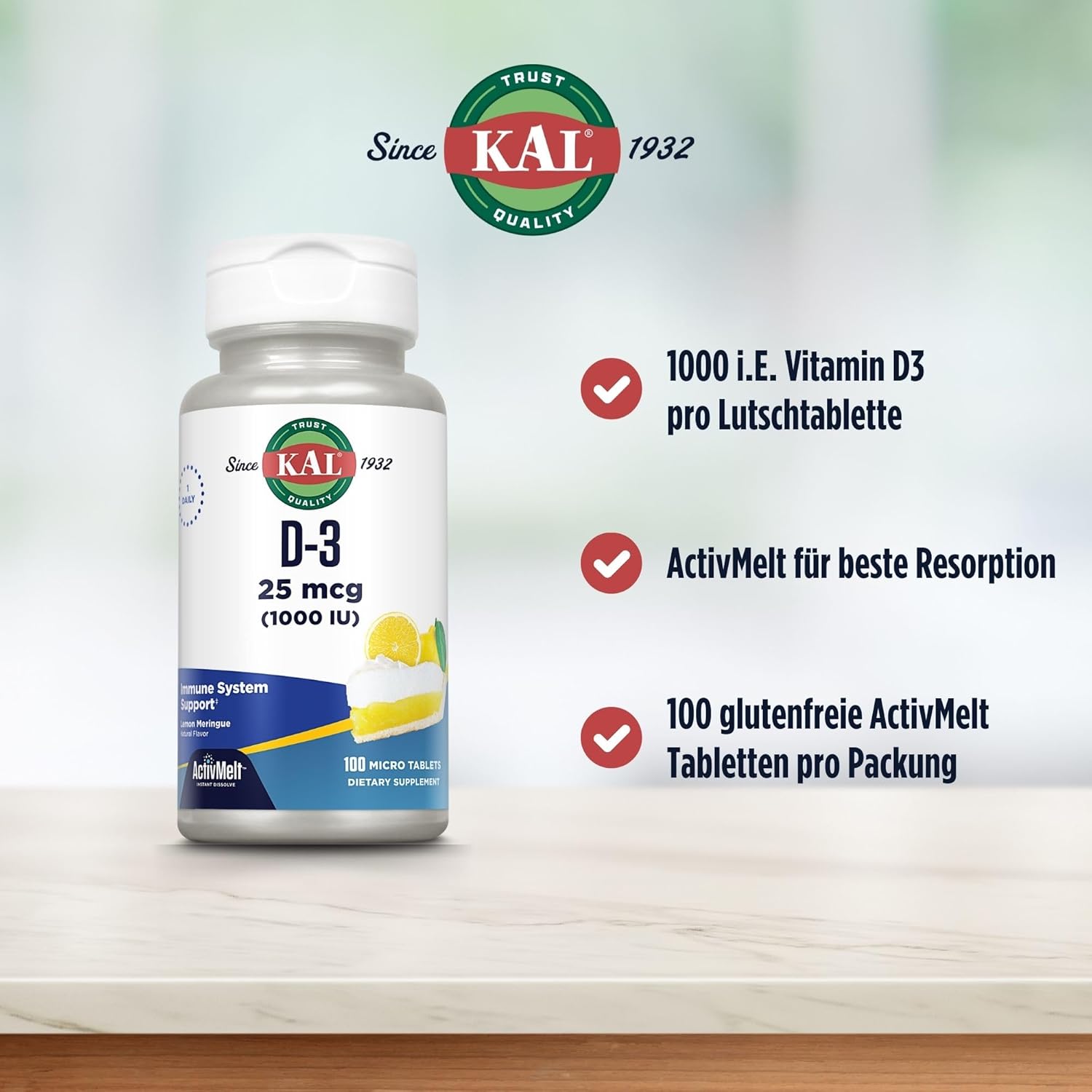 KAL Vitamin D-3 1000 IU ActivMelt Tablets - Natural Lemon Flavor for Immune & Bone Health - 100ct