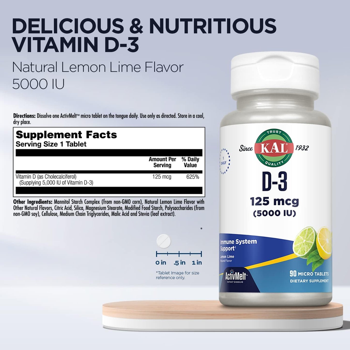 KAL Vitamin D-3 5000 IU ActivMelt Micro Tablets - Lemon Lime Flavor - Immune & Bone Support - 90 Servings