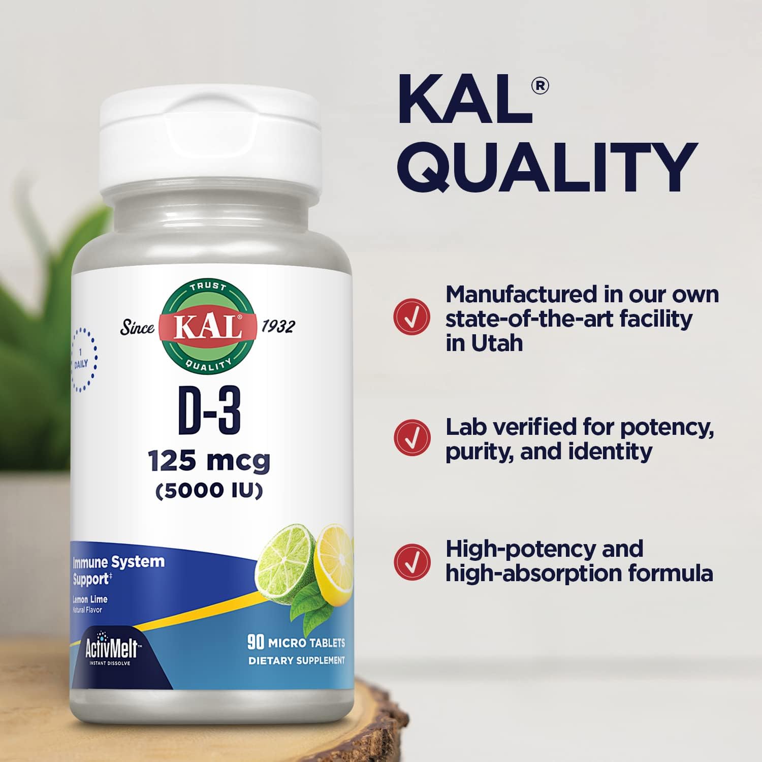 KAL Vitamin D-3 5000 IU ActivMelt Micro Tablets - Lemon Lime Flavor - Immune & Bone Support - 90 Servings