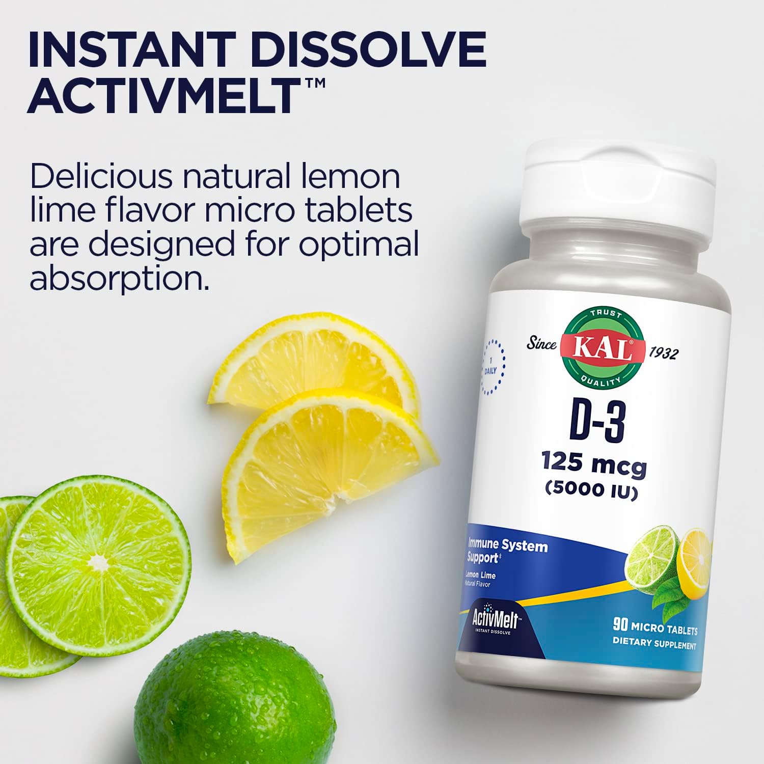 KAL Vitamin D-3 5000 IU ActivMelt Micro Tablets - Lemon Lime Flavor - Immune & Bone Support - 90 Servings