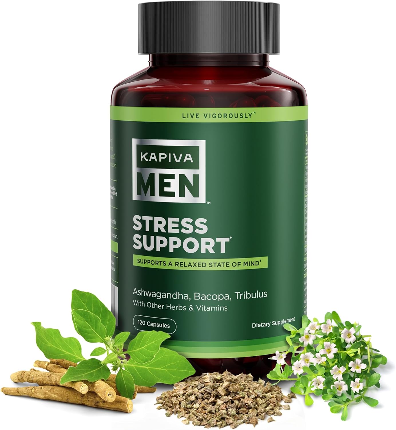 KAPIVA MEN Stress Support Supplement with Ashwagandha, Bacopa, and Tribulus - Promotes Relaxation and Mental Well-being, 60 Day Supply, 120 Capsules