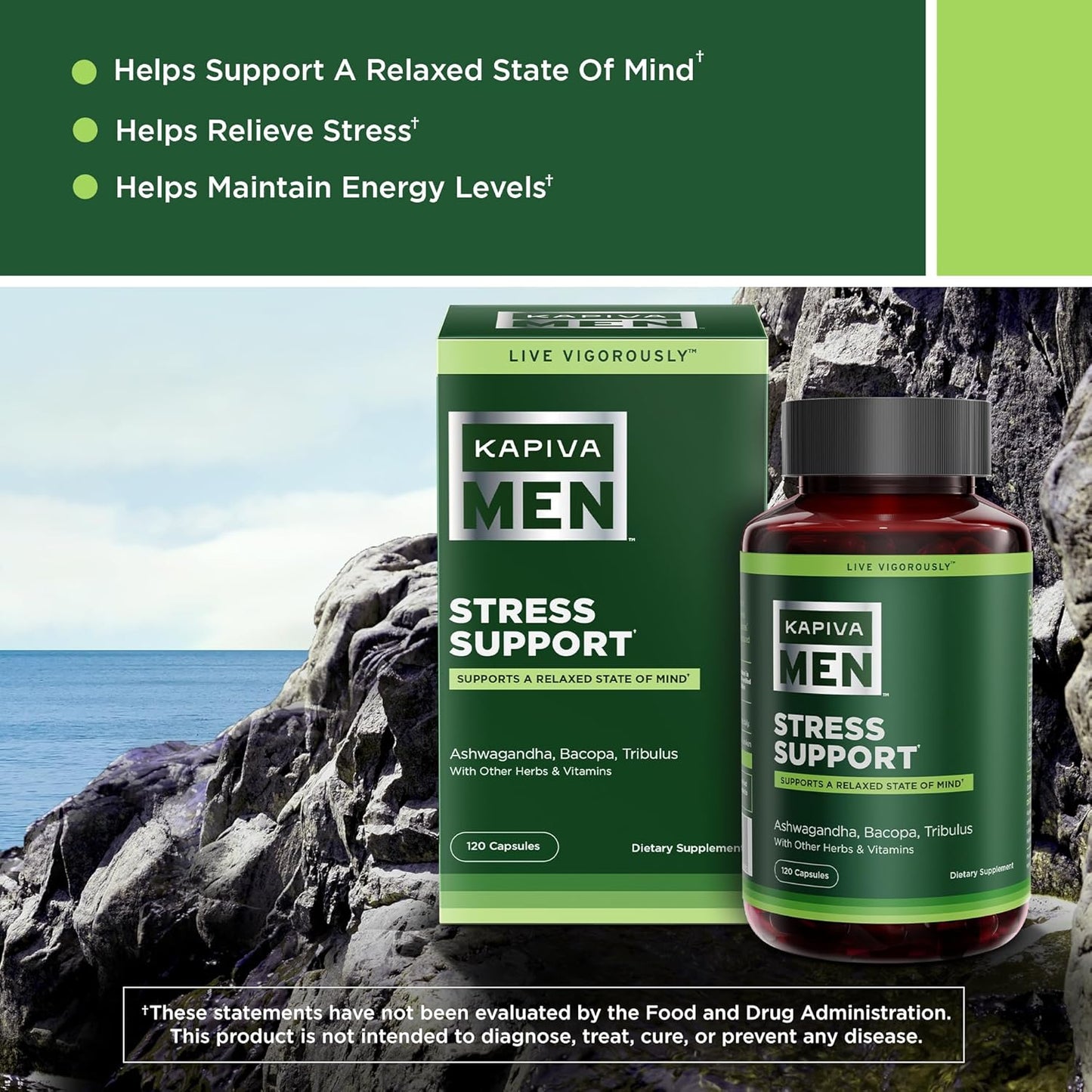 KAPIVA MEN Stress Support Supplement with Ashwagandha, Bacopa, and Tribulus - Promotes Relaxation and Mental Well-being, 60 Day Supply, 120 Capsules