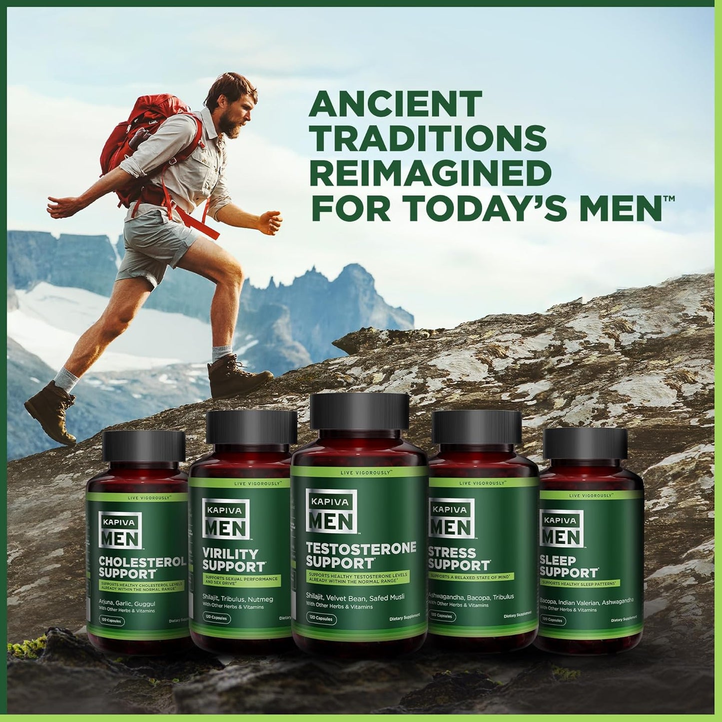 KAPIVA MEN Stress Support Supplement with Ashwagandha, Bacopa, and Tribulus - Promotes Relaxation and Mental Well-being, 60 Day Supply, 120 Capsules