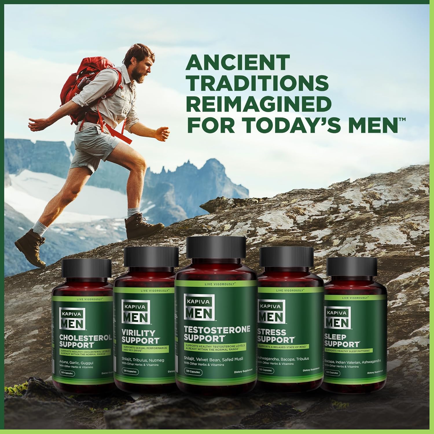 KAPIVA MEN Stress Support Supplement with Ashwagandha, Bacopa, and Tribulus - Promotes Relaxation and Mental Well-being, 60 Day Supply, 120 Capsules