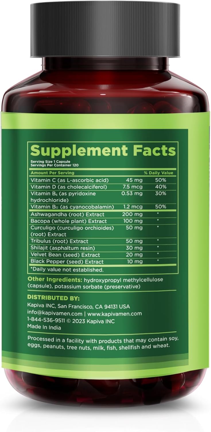 KAPIVA MEN Stress Support Supplement with Ashwagandha, Bacopa, and Tribulus - Promotes Relaxation and Mental Well-being, 60 Day Supply, 120 Capsules