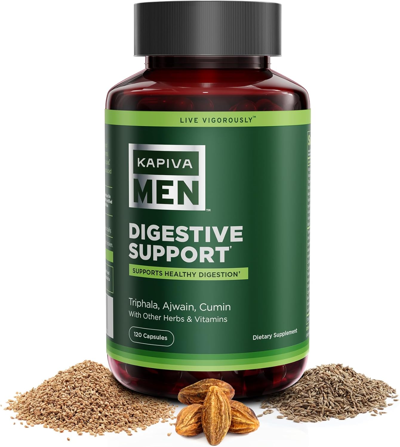 Kapiva Men's Digestive Health Supplement with Triphala, Ajwain, Cumin, Vitamins - 120 Capsules - 60 Day Supply