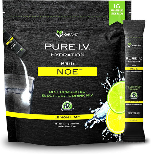 KaraMD Pure I.V. Electrolyte Lemon Lime Powder Drink Mix with Vitamins & Minerals - Hydrating Packets - 16 Sticks