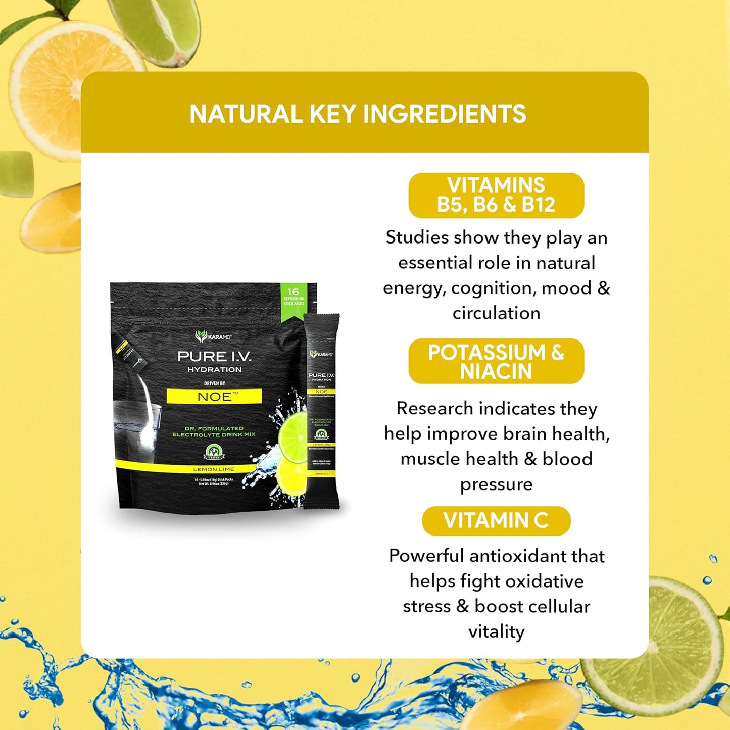 KaraMD Pure I.V. Electrolyte Lemon Lime Powder Drink Mix with Vitamins & Minerals - Hydrating Packets - 16 Sticks