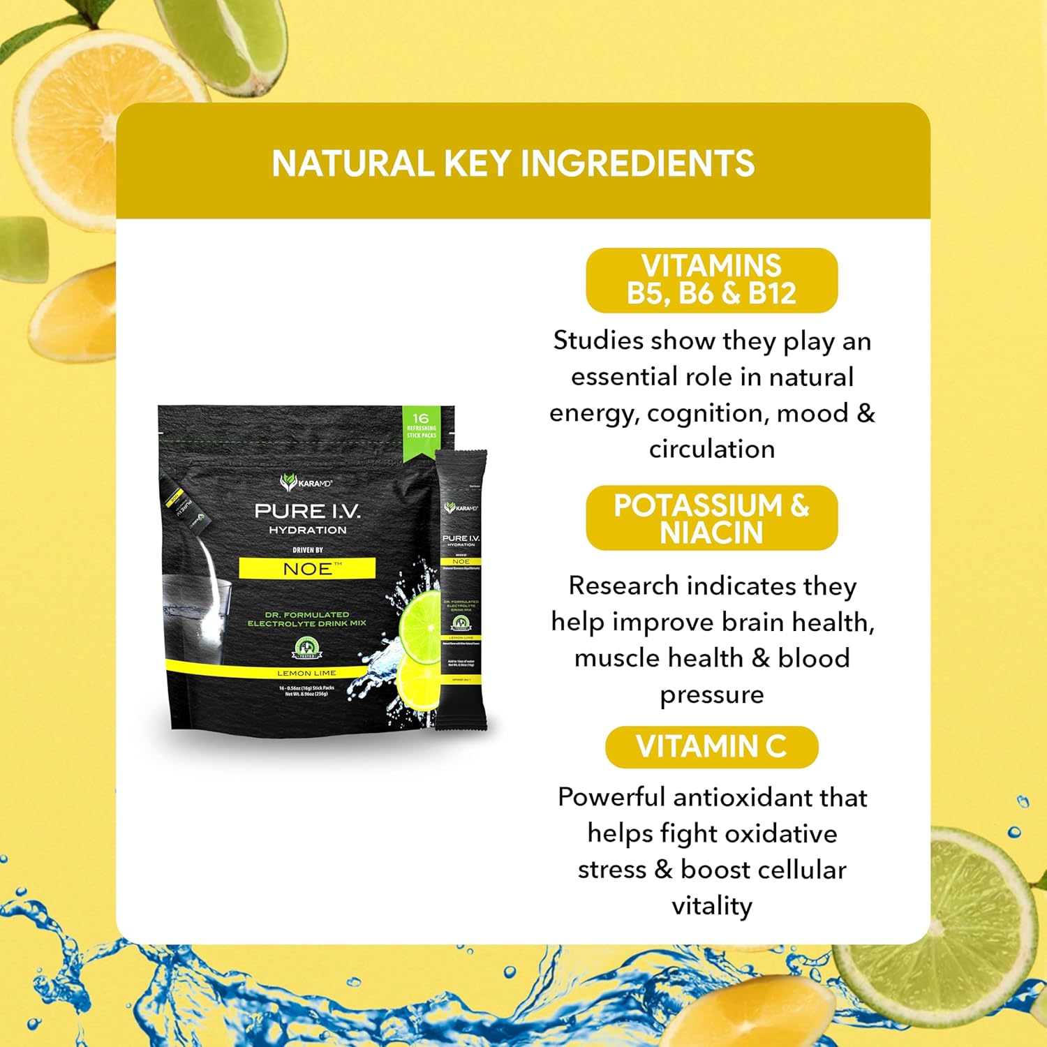 KaraMD Pure I.V. Electrolyte Lemon Lime Powder Drink Mix with Vitamins & Minerals - Hydrating Packets - 16 Sticks