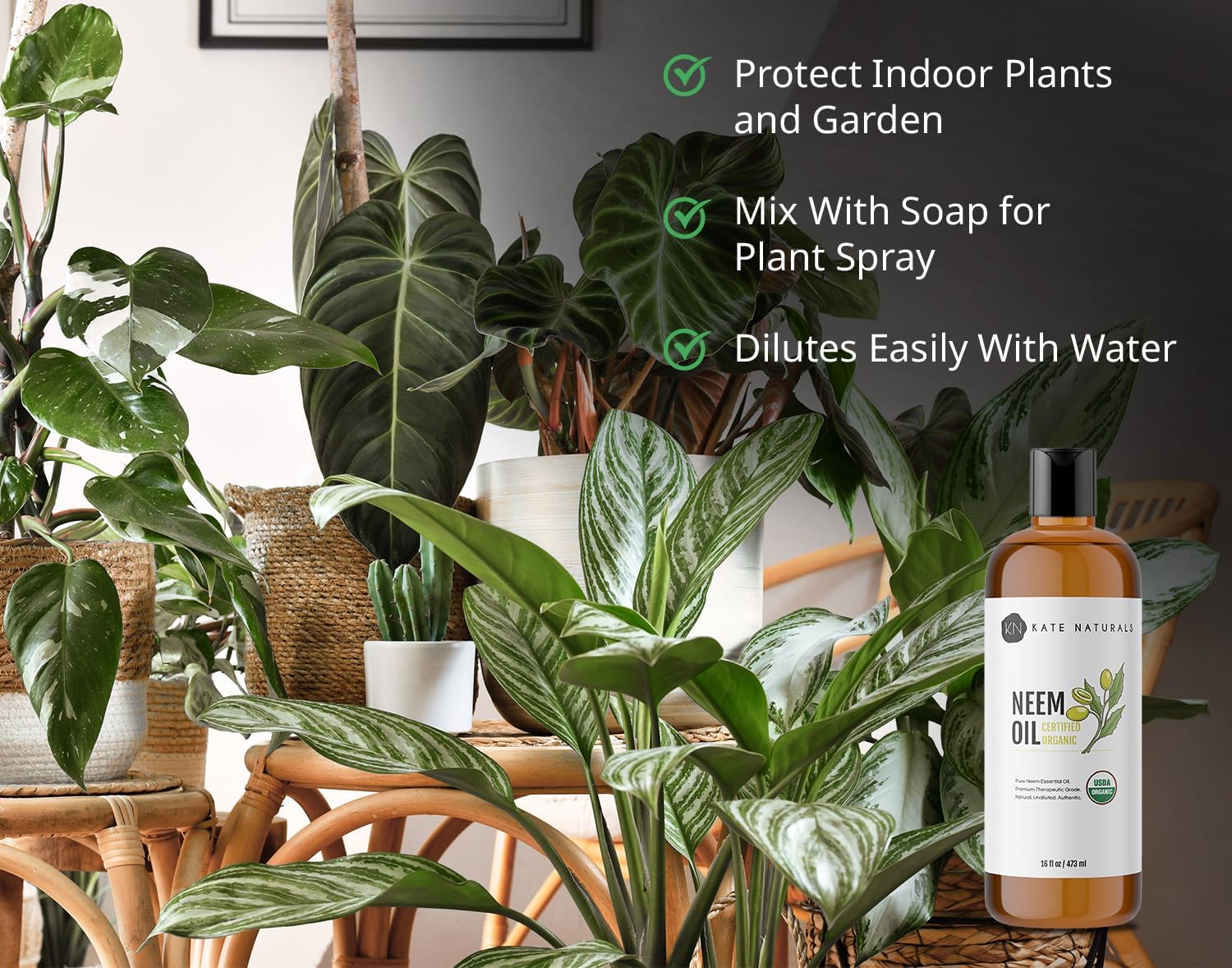 Kate Naturals Neem Oil Plant Spray - 100% Pure Cold Pressed Concentrate with Azadirachtin - Safe for Pets - 16oz