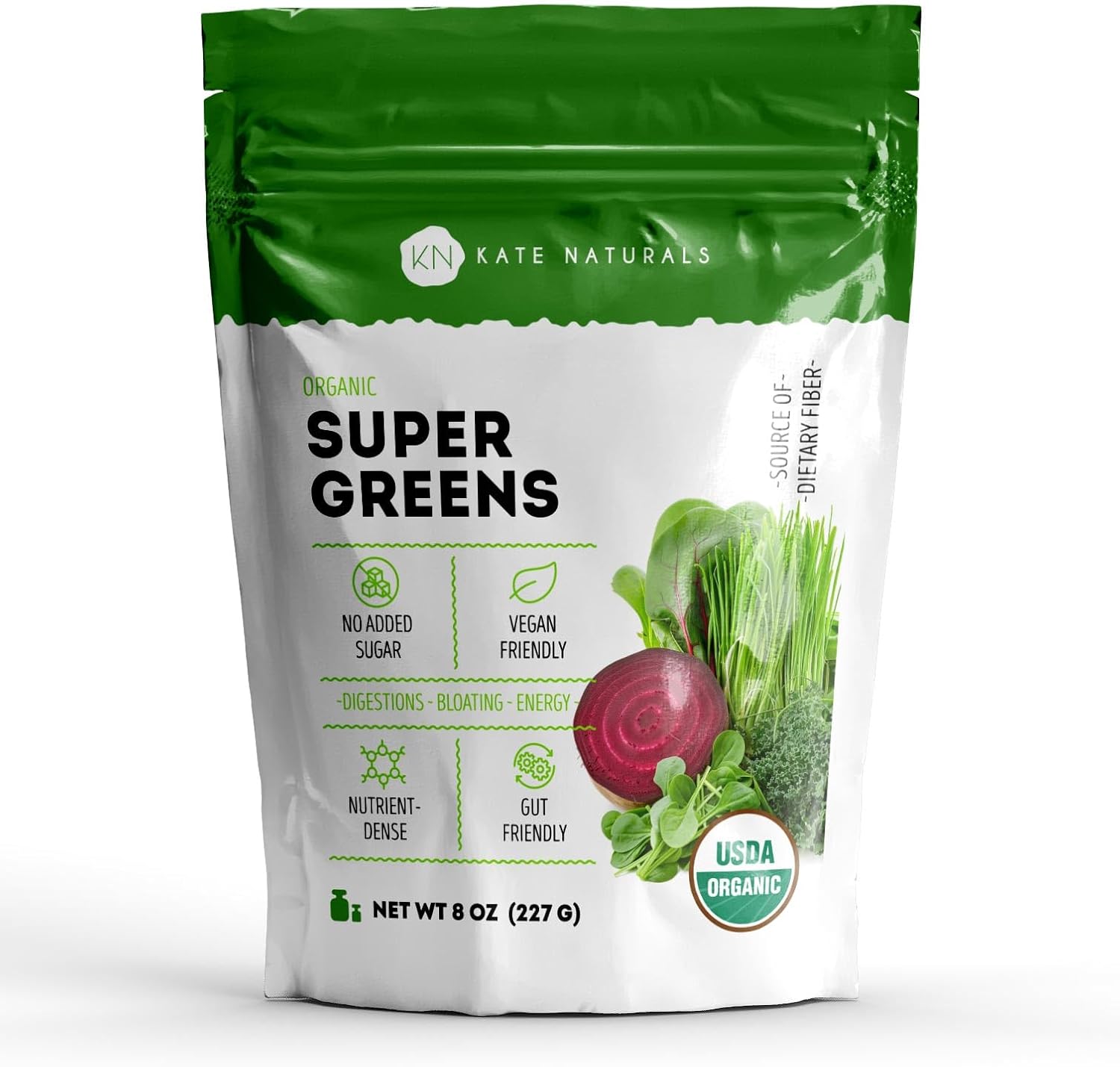 Kate Naturals Super Greens Powder with Probiotics - Antioxidant & Daily Fiber Supplement for Energy & Digestive Support - Organic Superfood Mix (30 Servings, 8oz)