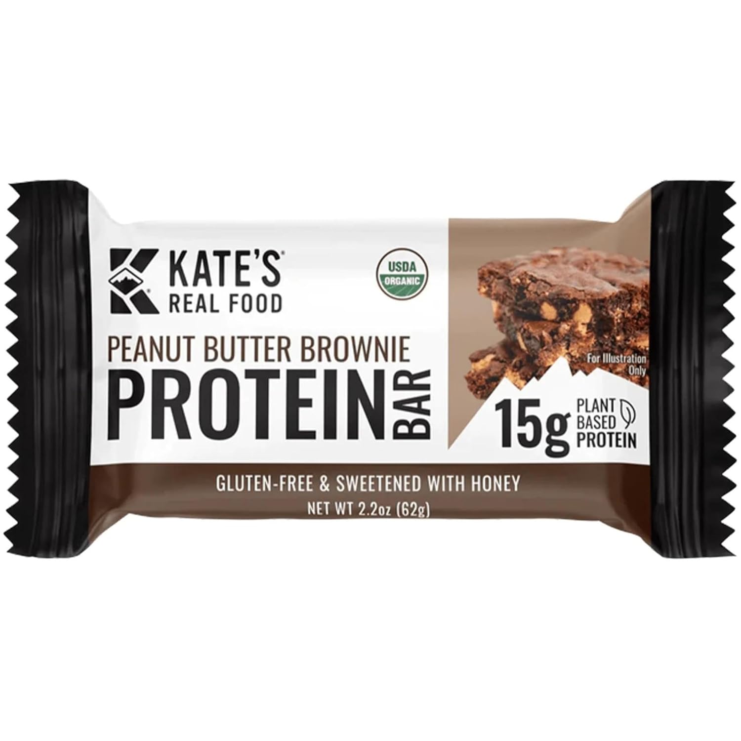 Kate’s Real Food Organic Protein Bars (Peanut Butter Brownie, 2.2 oz, Pack of 12) - Plant Based, Gluten Free, Soy Free, Non GMO Organic Protein Bars