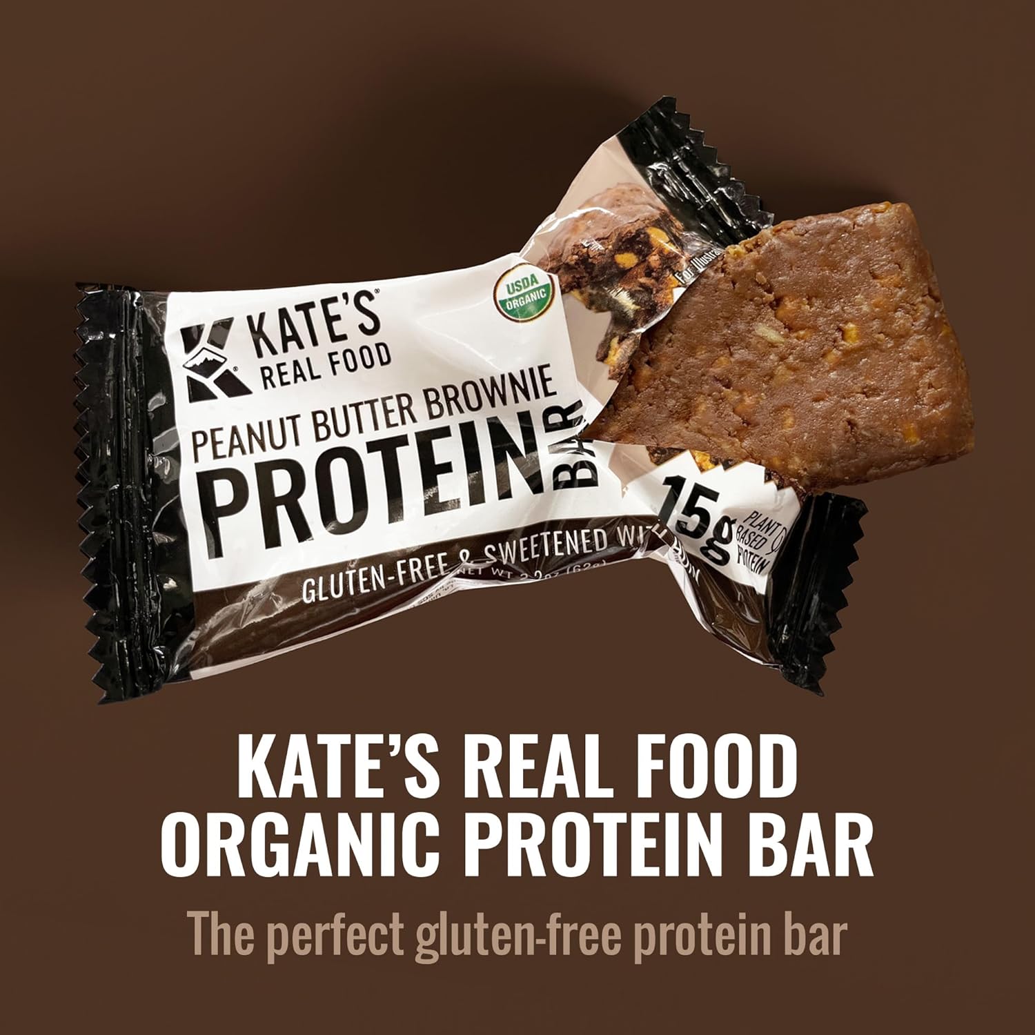 Kate’s Real Food Organic Protein Bars (Peanut Butter Brownie, 2.2 oz, Pack of 12) - Plant Based, Gluten Free, Soy Free, Non GMO Organic Protein Bars