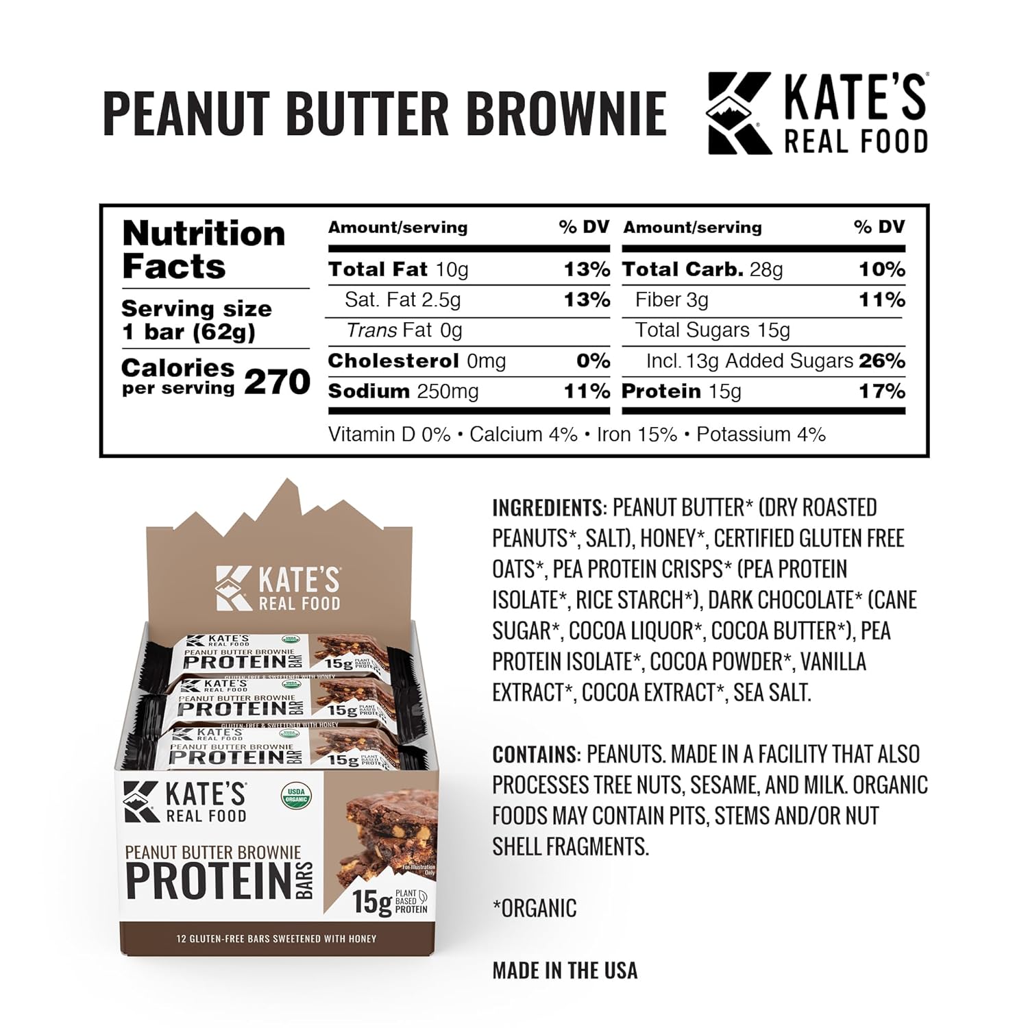Kate’s Real Food Organic Protein Bars (Peanut Butter Brownie, 2.2 oz, Pack of 12) - Plant Based, Gluten Free, Soy Free, Non GMO Organic Protein Bars