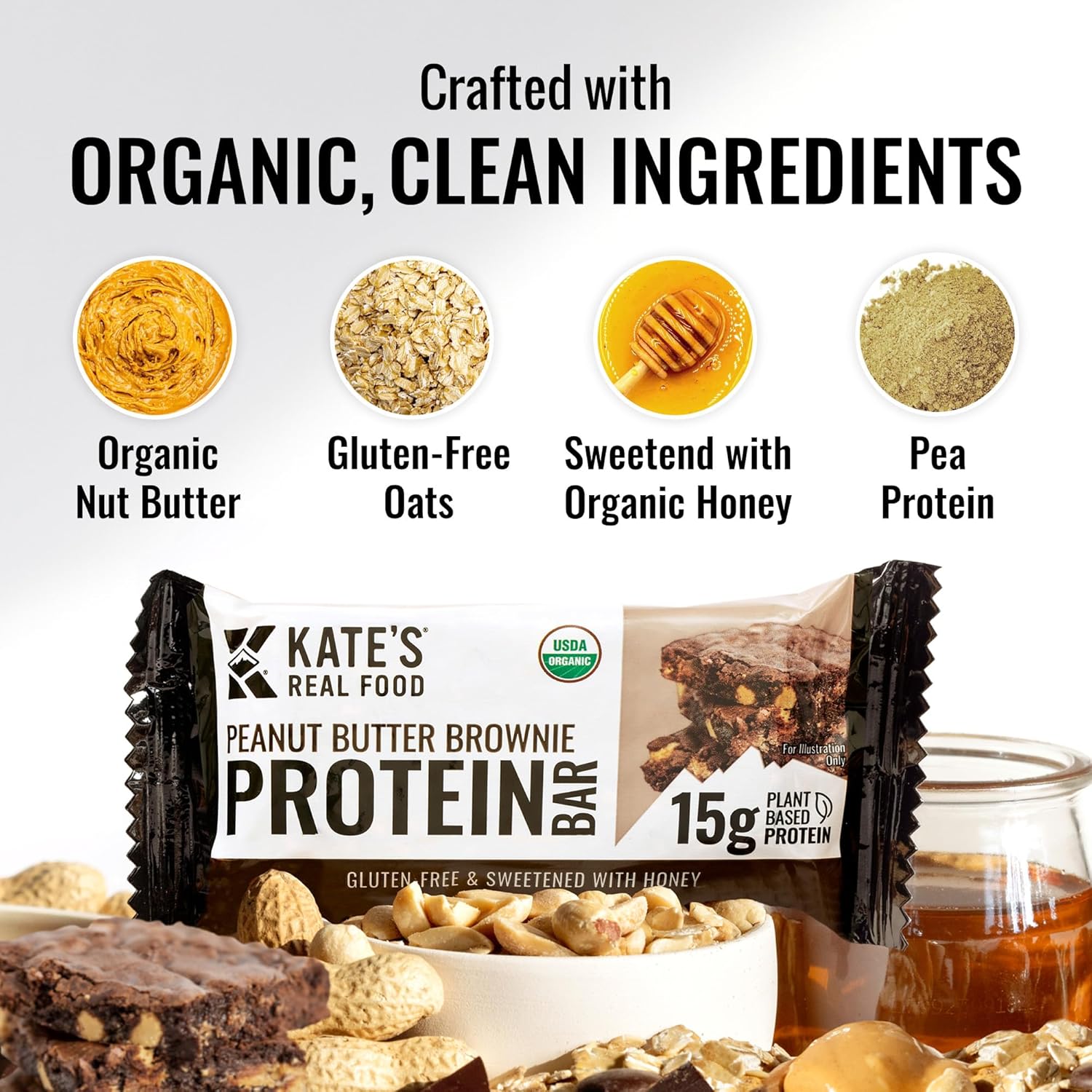 Kate’s Real Food Organic Protein Bars (Peanut Butter Brownie, 2.2 oz, Pack of 12) - Plant Based, Gluten Free, Soy Free, Non GMO Organic Protein Bars