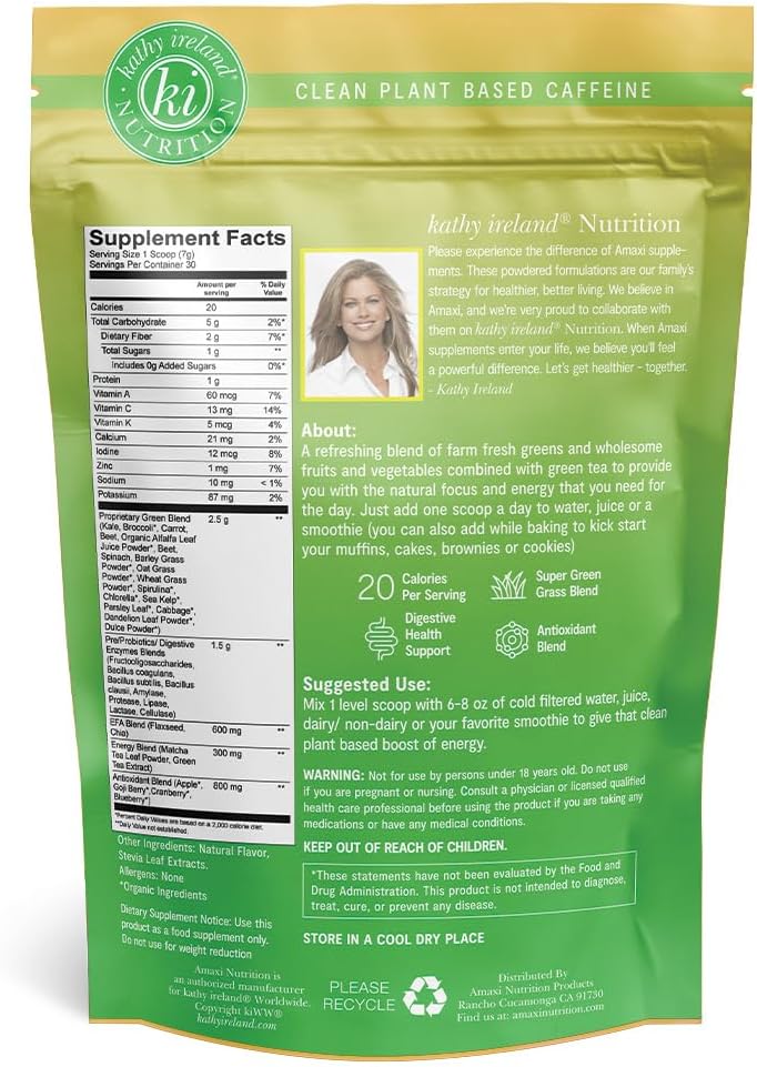 Kathy Ireland Nutrition Green Energy Powder - 7.4 oz, Superfood Blend for Increased Energy and Vitality