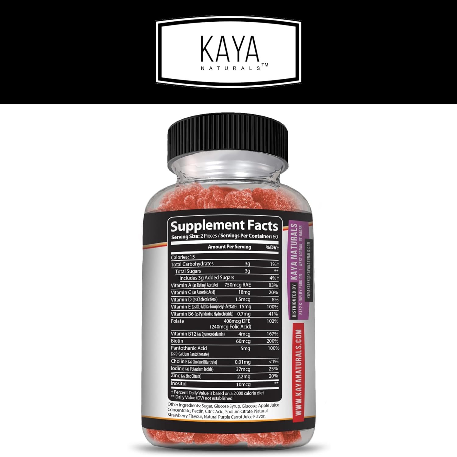 Kaya Naturals Adult Multi Vitamin Gummy with Biotin, Vitamin A, B-12, C & E, Zinc, Folic Acid - Strawberry Flavor, 120 Count
