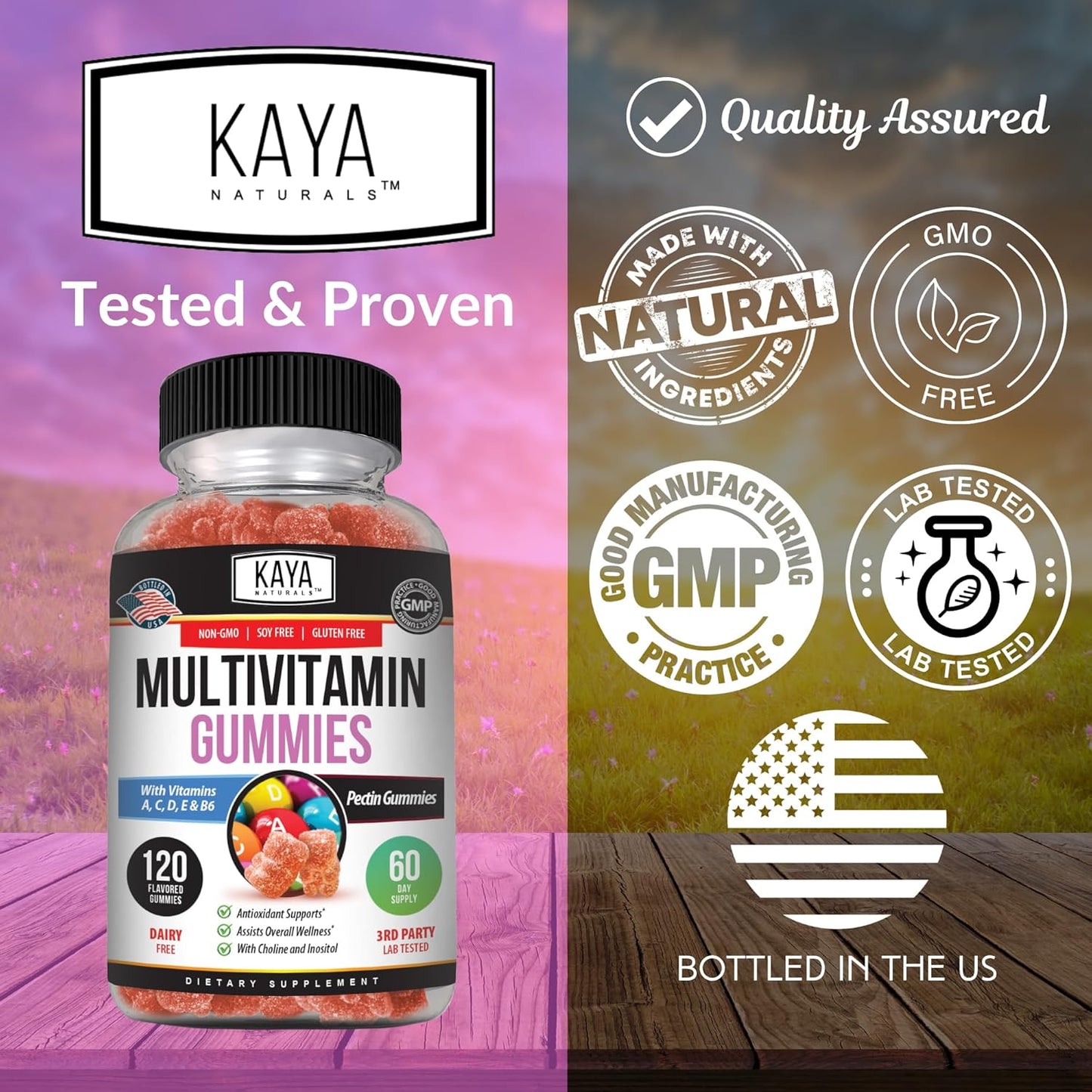 Kaya Naturals Adult Multi Vitamin Gummy with Biotin, Vitamin A, B-12, C & E, Zinc, Folic Acid - Strawberry Flavor, 120 Count