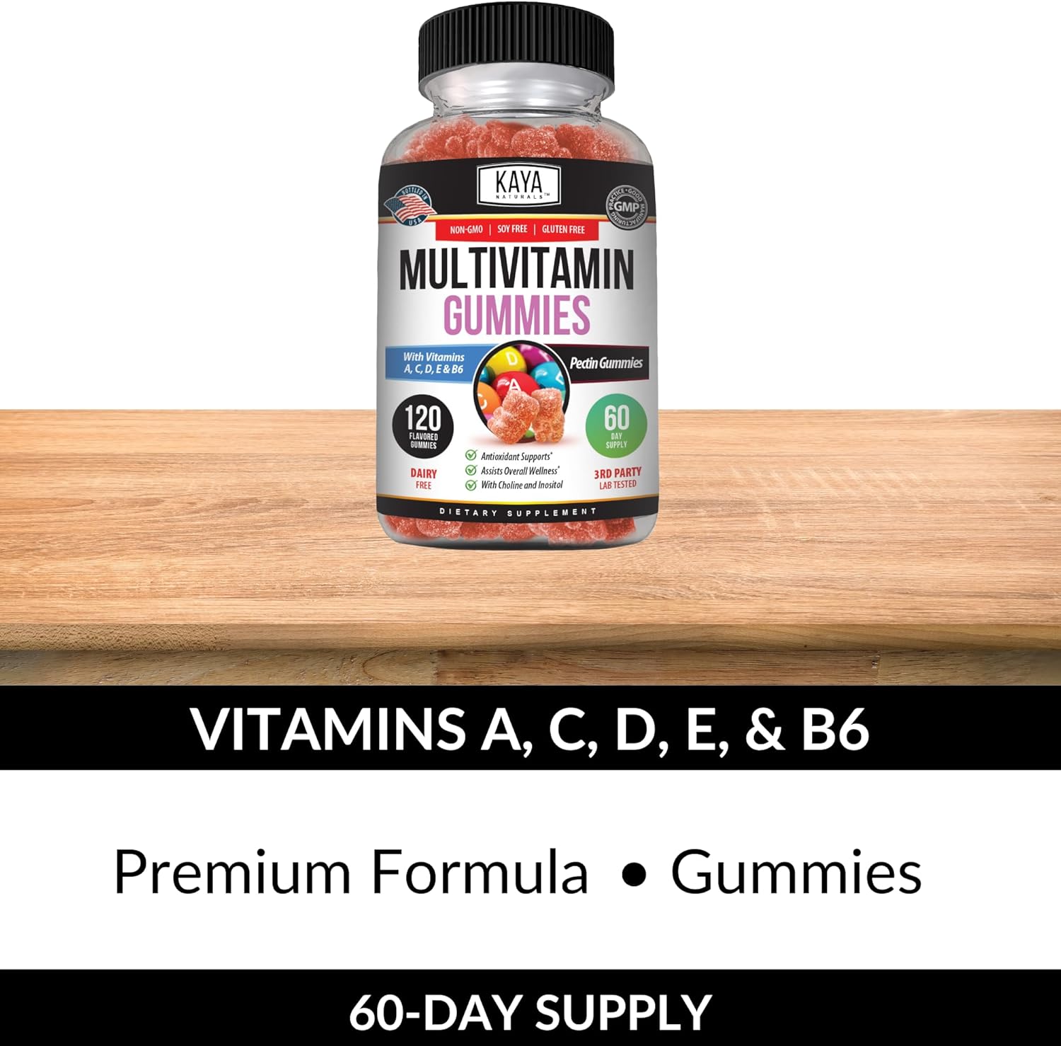 Kaya Naturals Adult Multi Vitamin Gummy with Biotin, Vitamin A, B-12, C & E, Zinc, Folic Acid - Strawberry Flavor, 120 Count