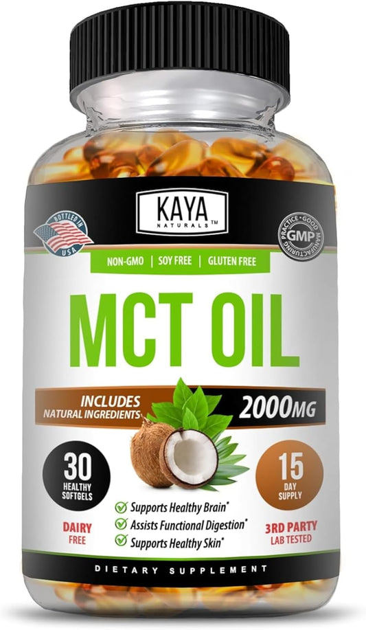 Kaya Naturals MCT Oil Softgels - 2000mg - Non-GMO, Soy-Free, Gluten-Free - Supports Brain, Digestive & Skin Health