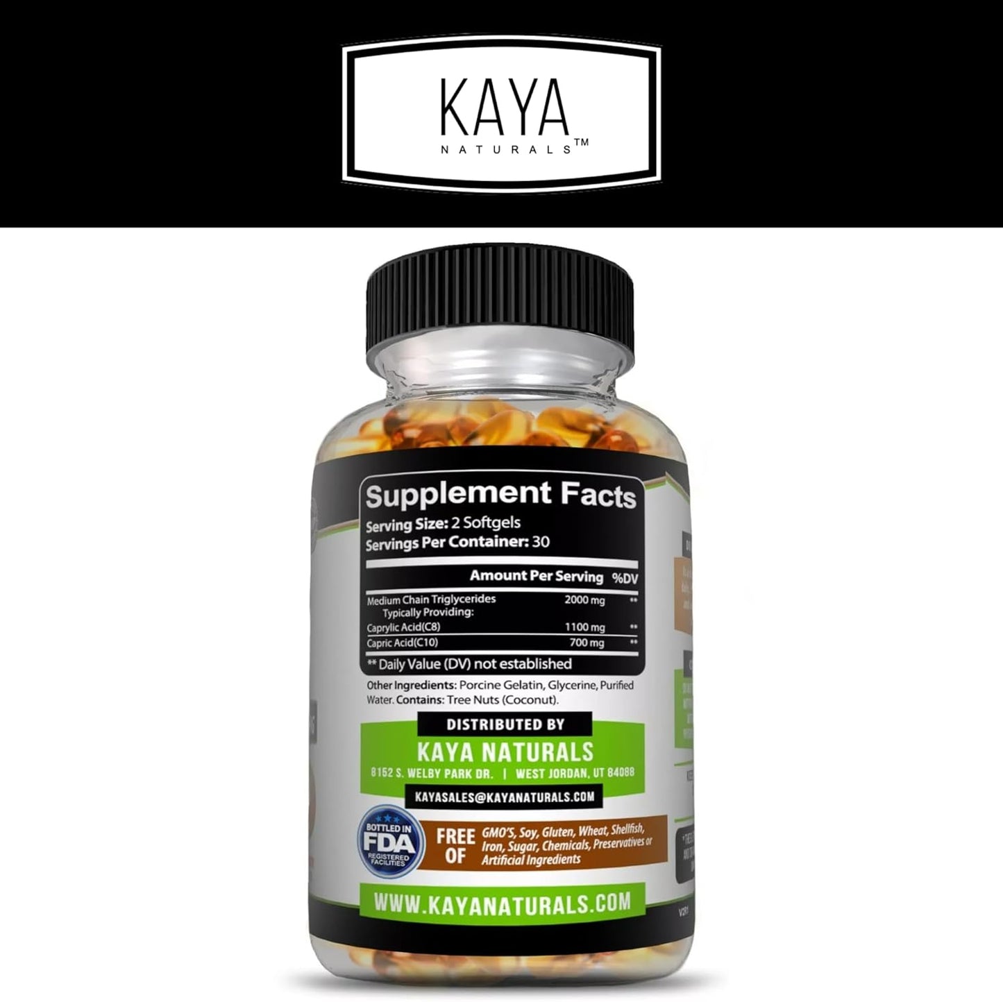 Kaya Naturals MCT Oil Softgels - 2000mg - Non-GMO, Soy-Free, Gluten-Free - Supports Brain, Digestive & Skin Health