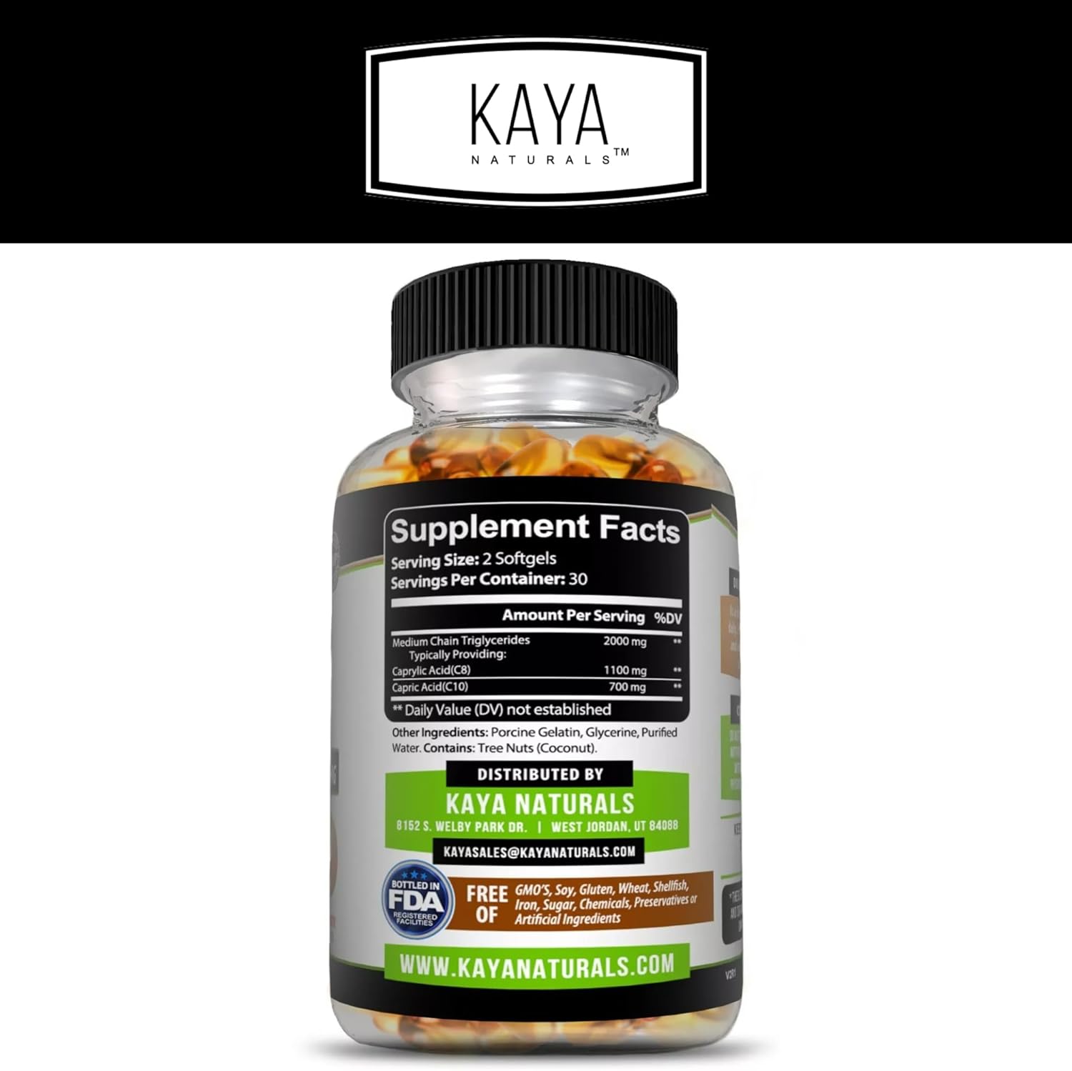 Kaya Naturals MCT Oil Softgels - 2000mg - Non-GMO, Soy-Free, Gluten-Free - Supports Brain, Digestive & Skin Health
