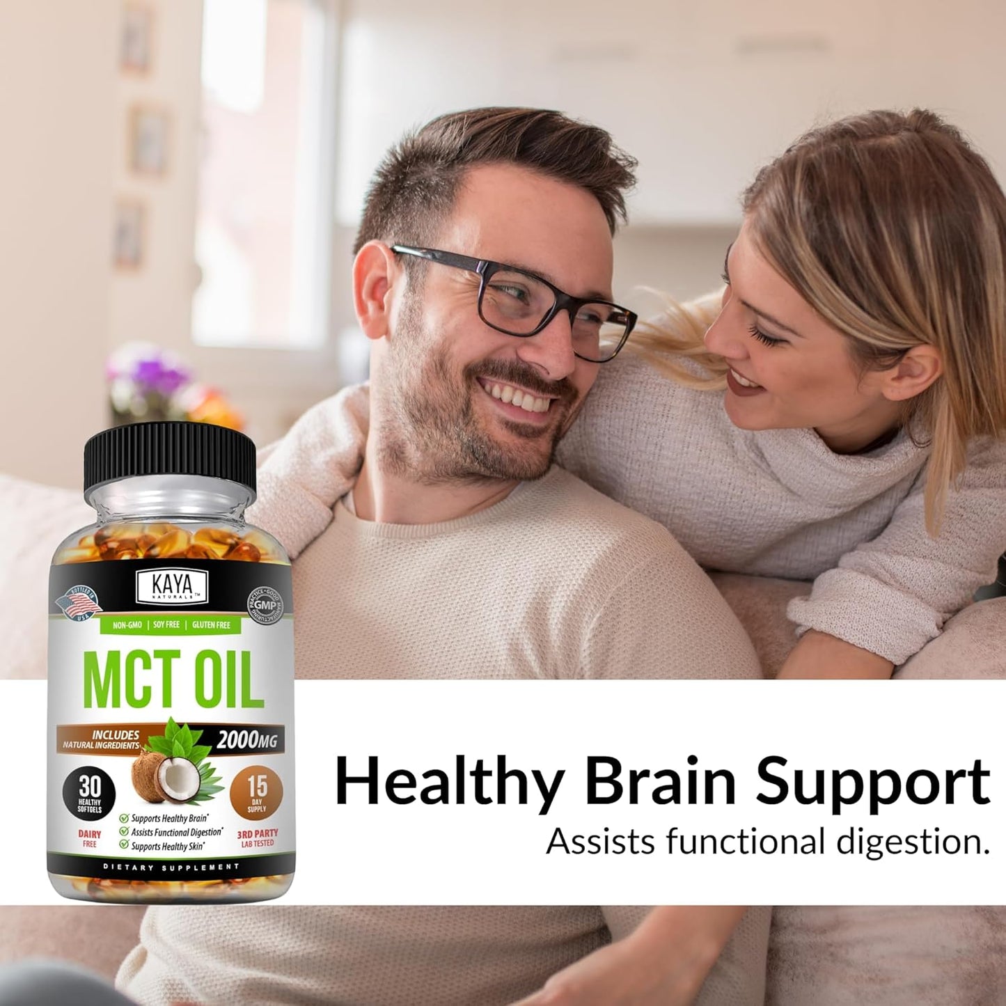 Kaya Naturals MCT Oil Softgels - 2000mg - Non-GMO, Soy-Free, Gluten-Free - Supports Brain, Digestive & Skin Health